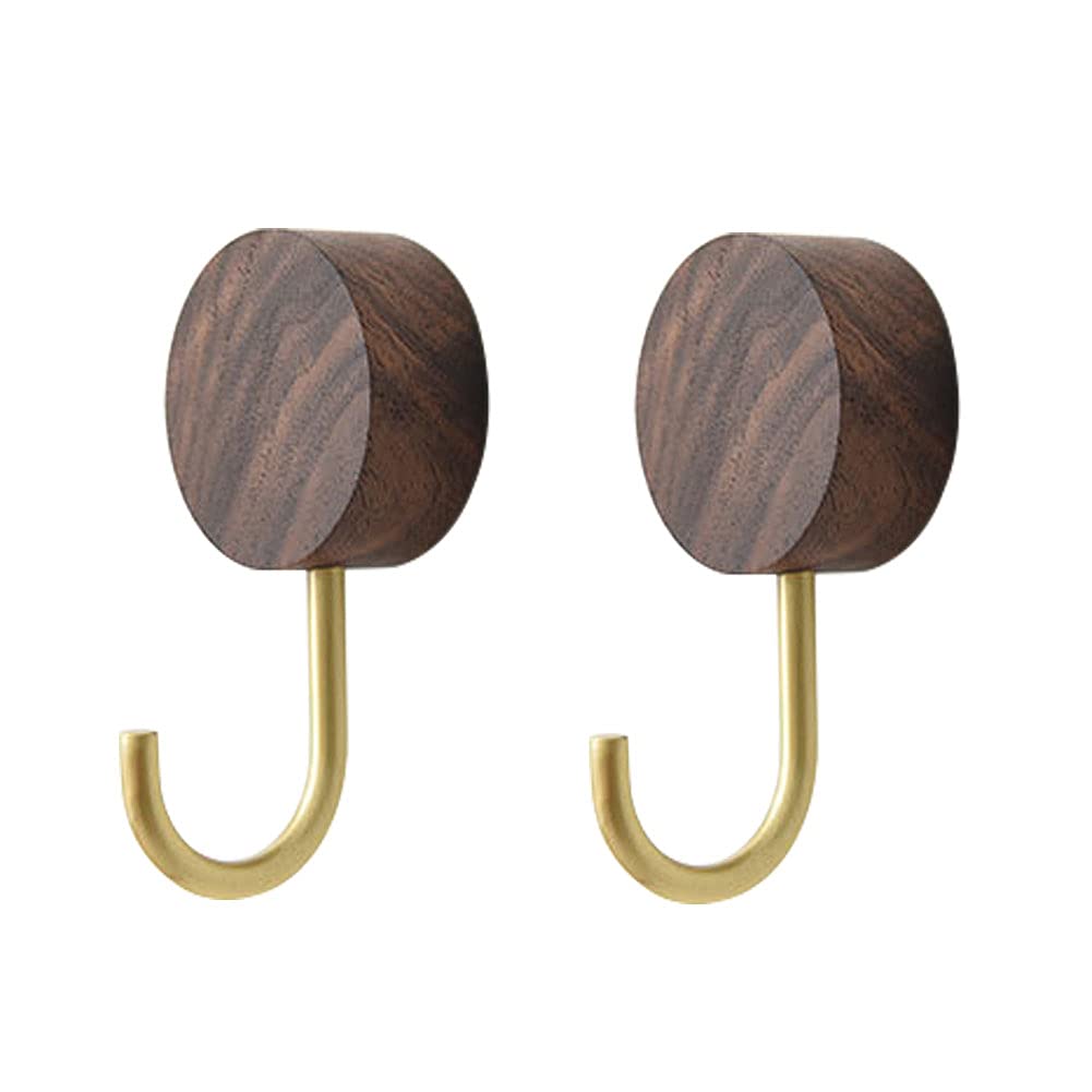 Lanebudd Set of 2 Round Black Walnut Brass Wall Hooks - Decorative Wooden Coat Hooks with Retro Copper Finish - Perfect for Entryway, Bedroom & Bathroom Organization