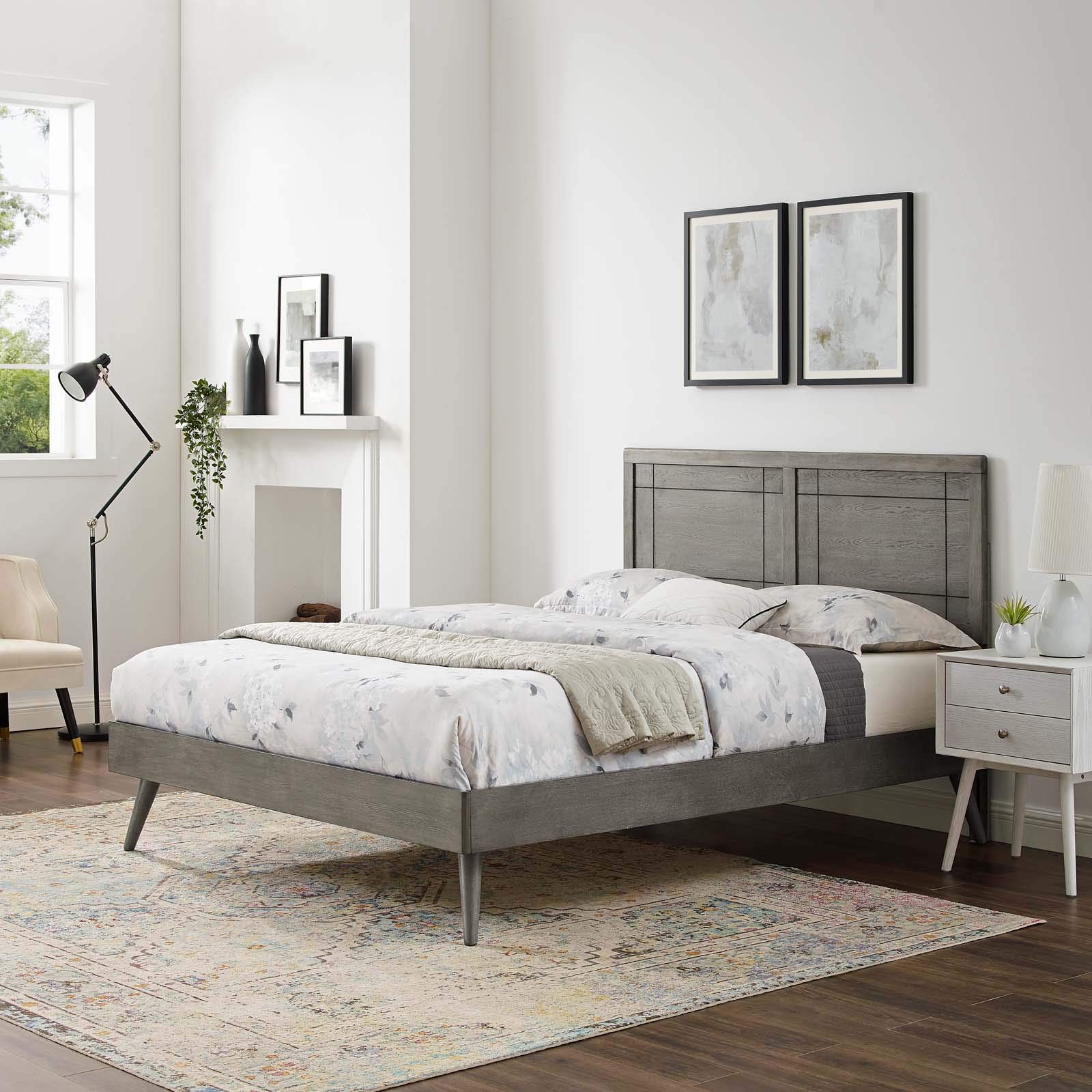 Modway Marlee Queen Wood Platform Bed with Splayed Legs in Gray - Modern Minimalist Bedroom Furniture for Small Spaces & Guest Rooms