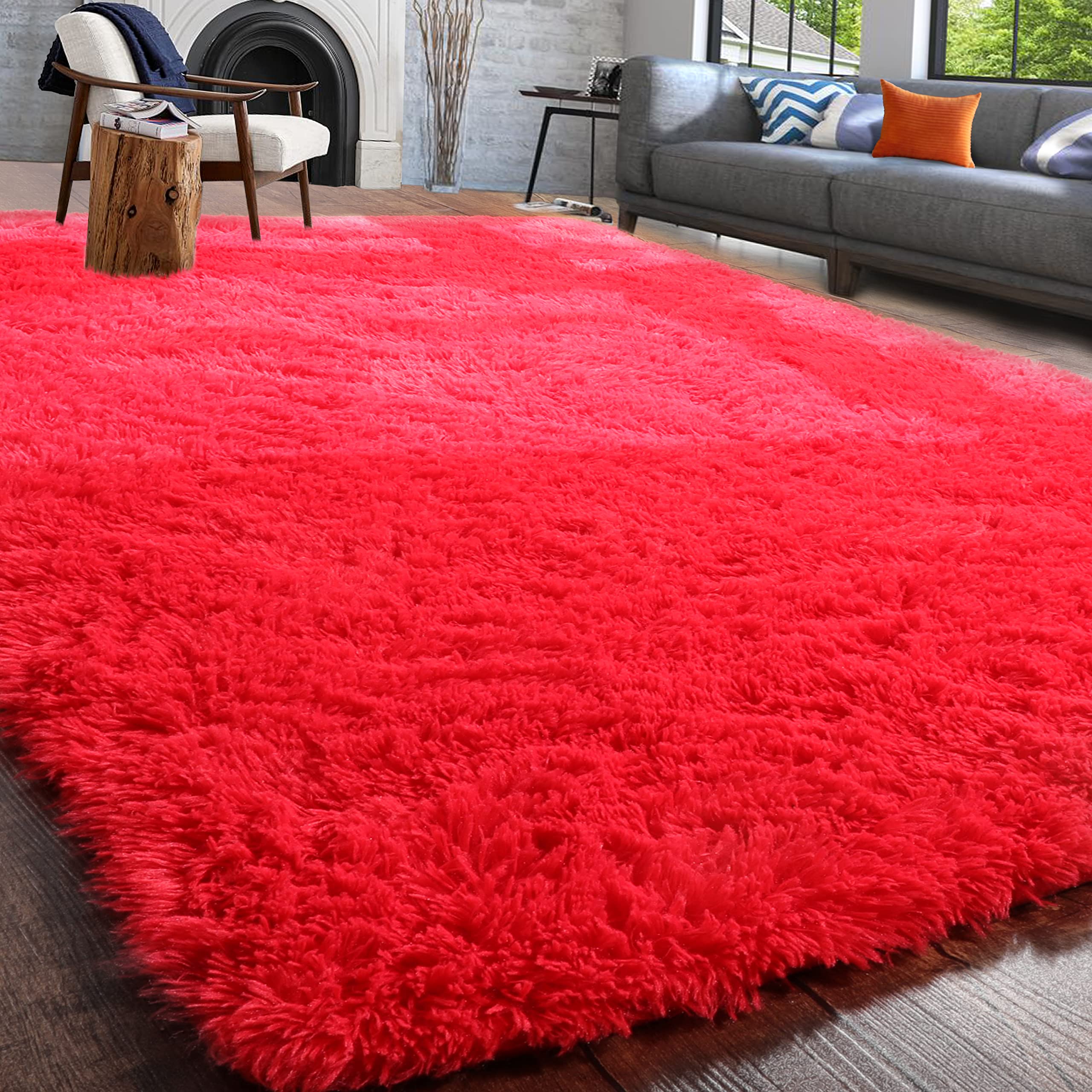 PAGISOFE 5x7 Red Fluffy Shag Area Rug - Ultra Soft Fuzzy Shaggy Carpet for Bedroom, Living Room, Nursery & Dorm | Cozy Floor Mat for Kids Room, Boys Room & Home Decor (Perfect for Cold Floors & Relaxation)