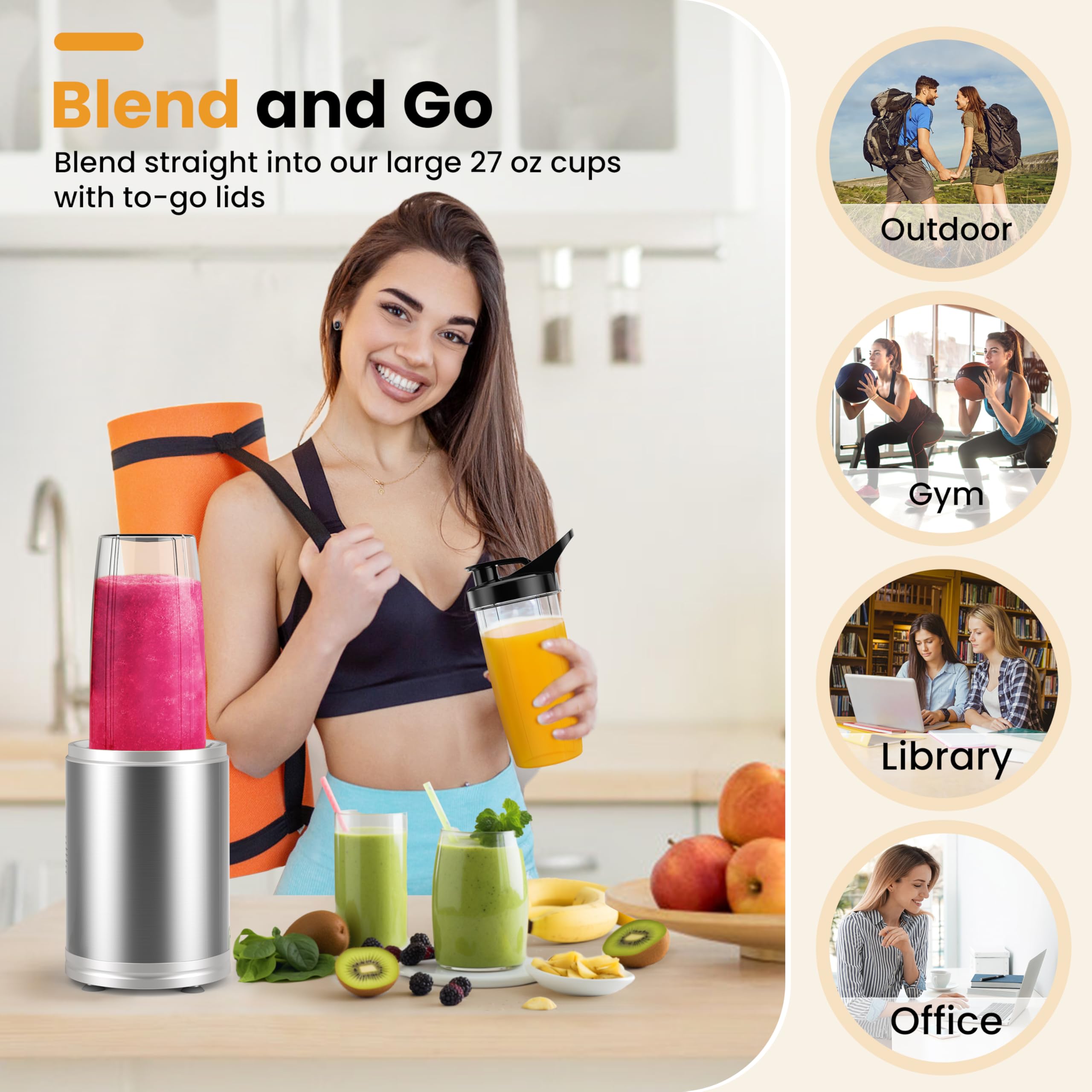Suavo 1300W High-Powered Smoothie Blender - Portable Personal Blender for Shakes, Smoothies & Juicing - Includes 2x 27oz BPA-Free Travel Cups with Lids - Perfect for Kitchen, Gym & On-The-Go Healthy Drinks