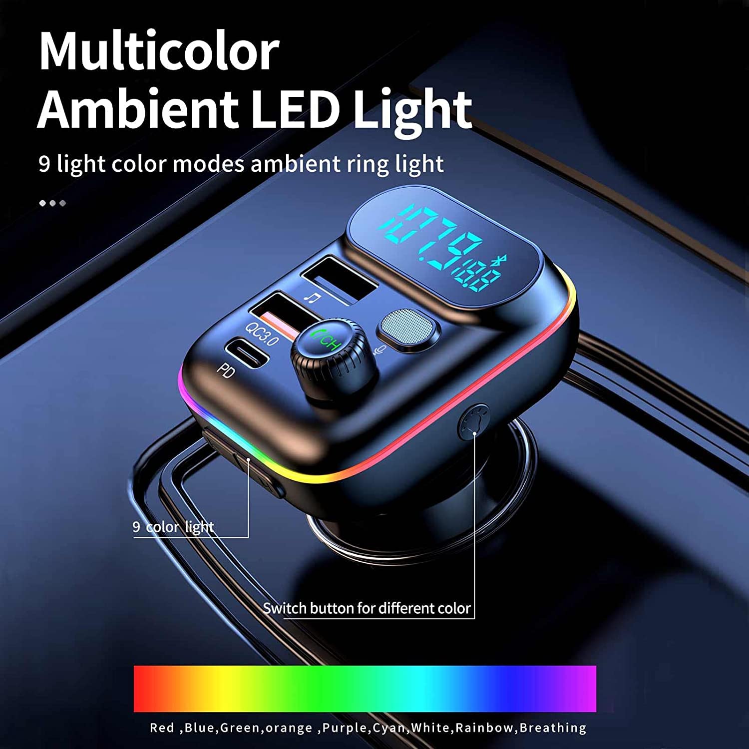 Wireless Bluetooth 5.0 Car Adapter with FM Transmitter & Fast Charging - For Music & Hands-Free Calling
