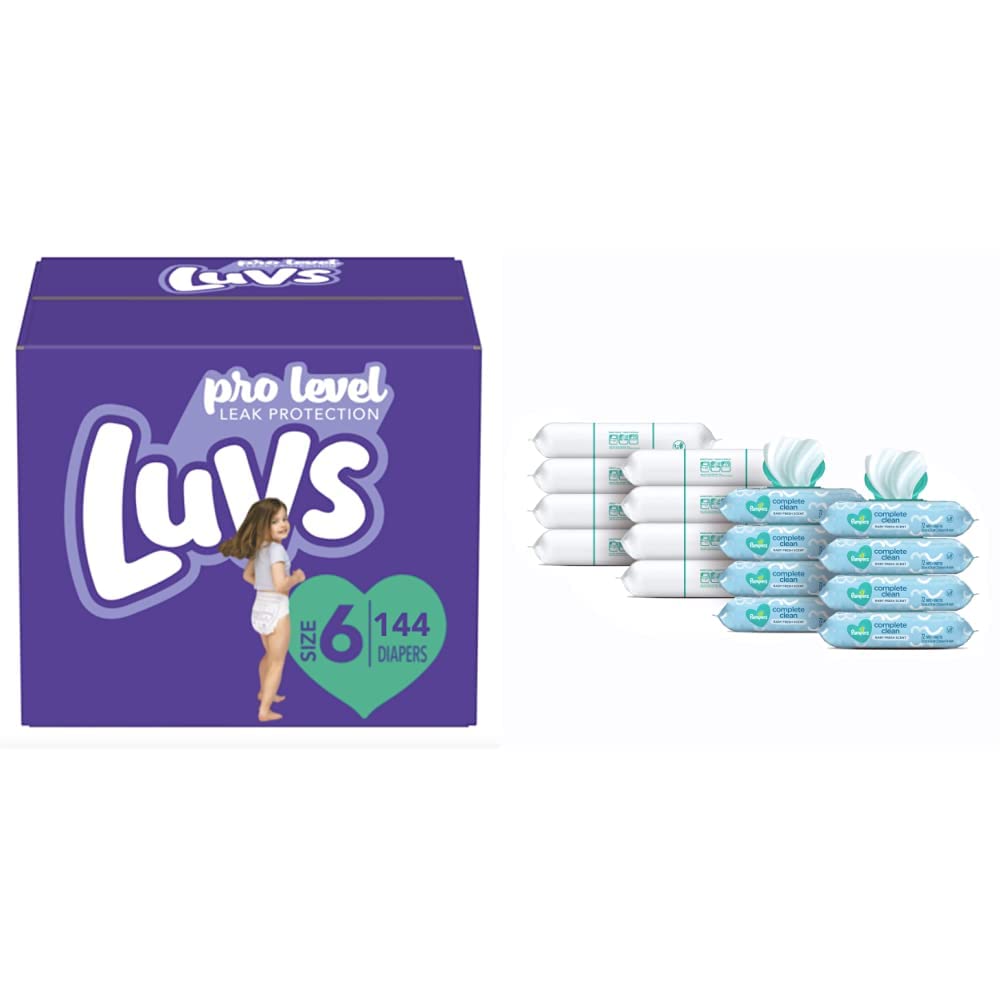 Luvs Pro Level Leak Protection Diapers Size 6 (2 X 144 Count) & Pampers Complete Clean Scented Baby Wipes, 8 Pop-Top Packs + 8 Refills (1152 Wipes Total) - Ultra Absorbent for Overnight & Travel, Gentle for Newborn Skin