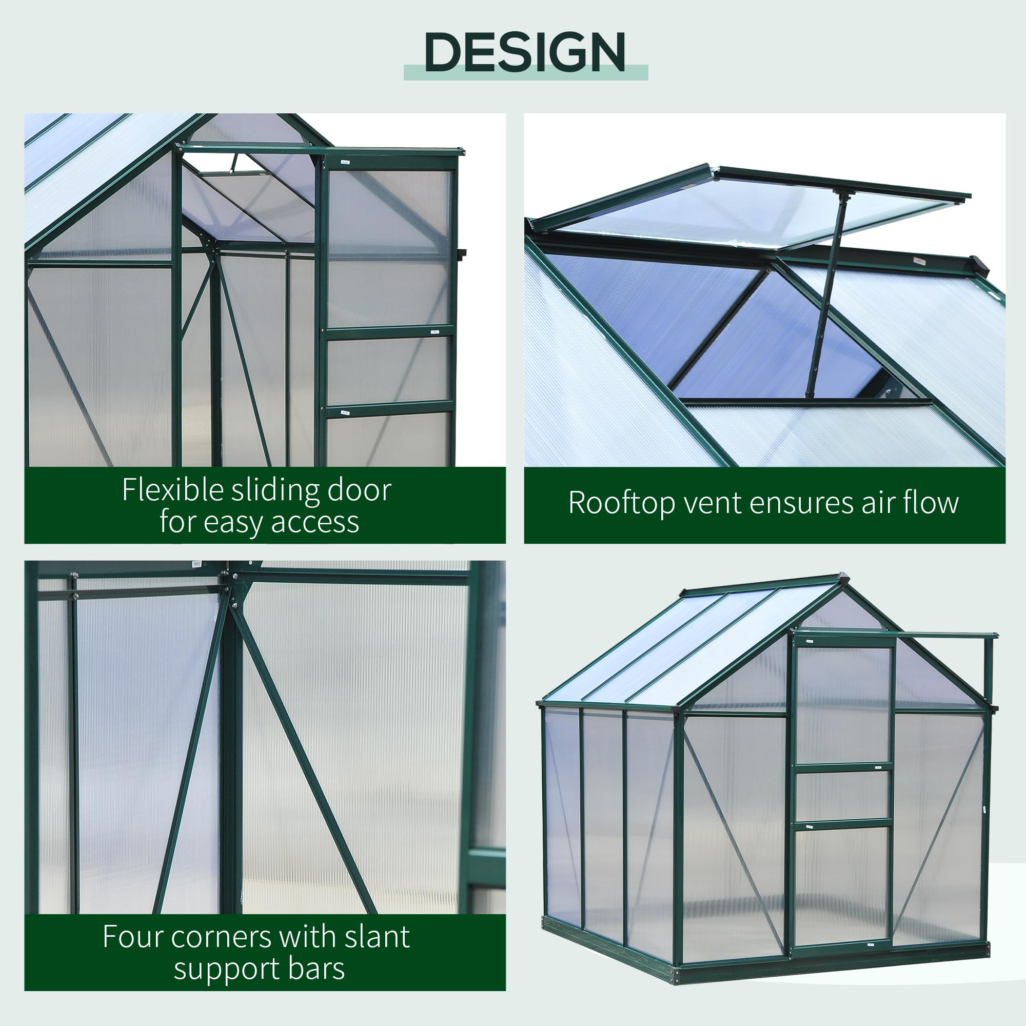 Outsunny 6x6 ft Polycarbonate Walk-in Greenhouse for Outdoor Gardening - Aluminum Frame with Rain Gutter & Roof Vent - Perfect for Backyard, Patio & Plant Protection (Dark Green) | Grow Vegetables, Flowers & Herbs Year-Round