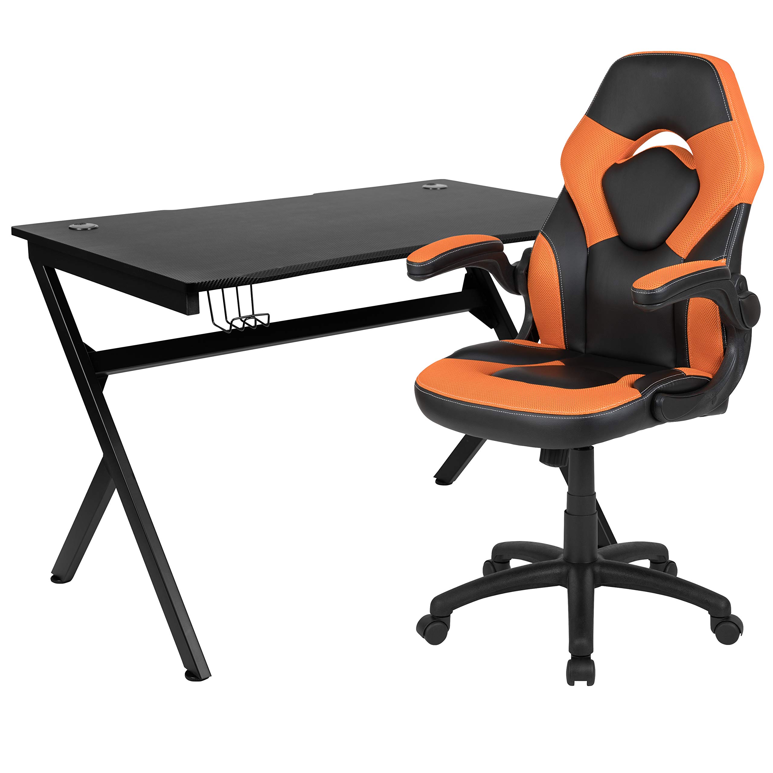 Flash Furniture Optis Black Gaming Desk and Orange/Black Racing Chair Set with Cup Holder, Headphone Hook & 2 Wire Management Holes - Perfect for Home Office, Gaming Setup & Esports Tournaments