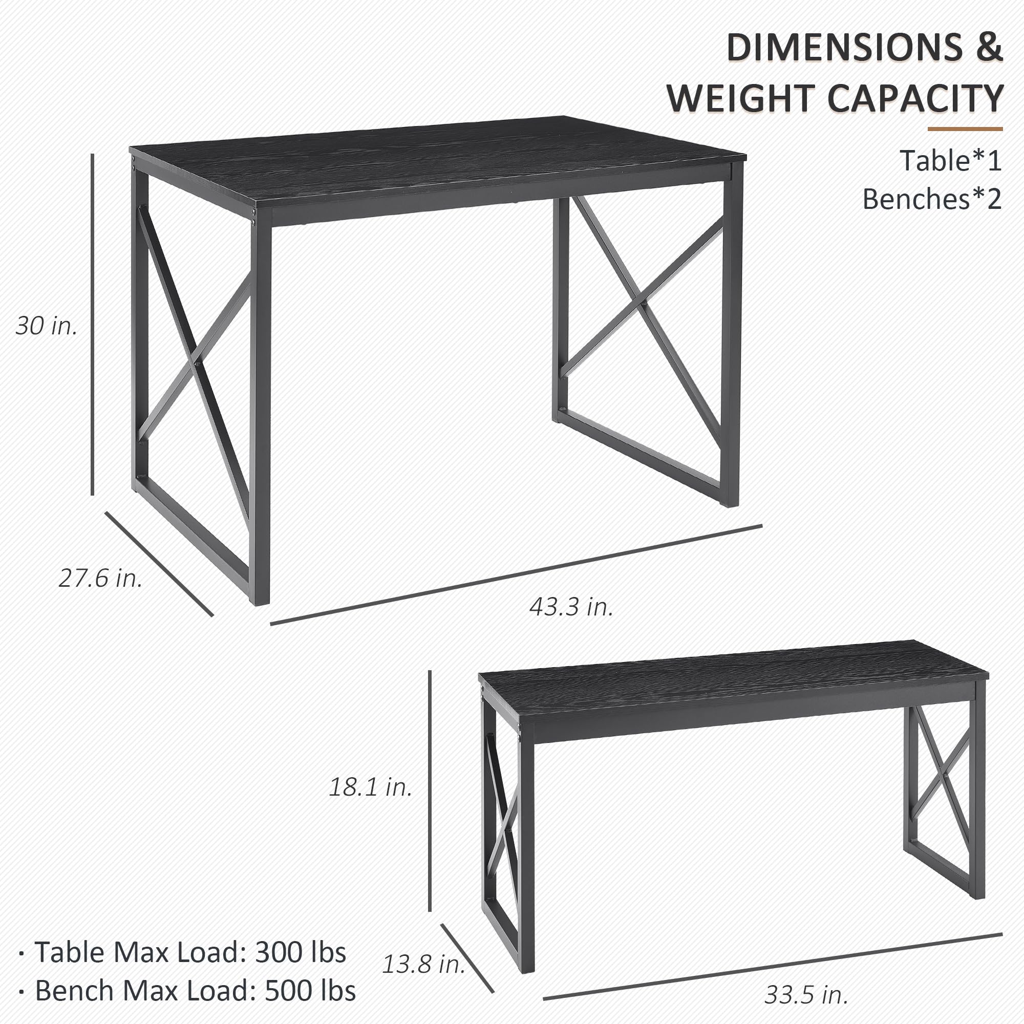 VECELO 4-Person Wood Dining Table Set with 2 Benches, Black Metal Frame Kitchen Table for Small Spaces - Perfect for Breakfast Nook, Apartment Dining & Compact Homes