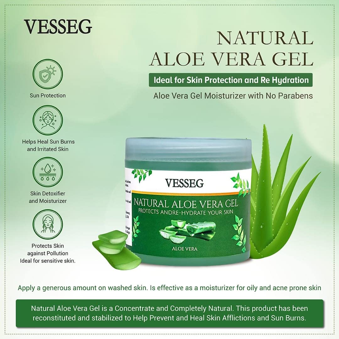 VESSEG Natural Aloe Vera Gel for Skin Protection & Hydration | Paraben-Free Moisturizer (100g) | Perfect for Sunburn Relief, Dry Skin Care & After-Shave Soothing