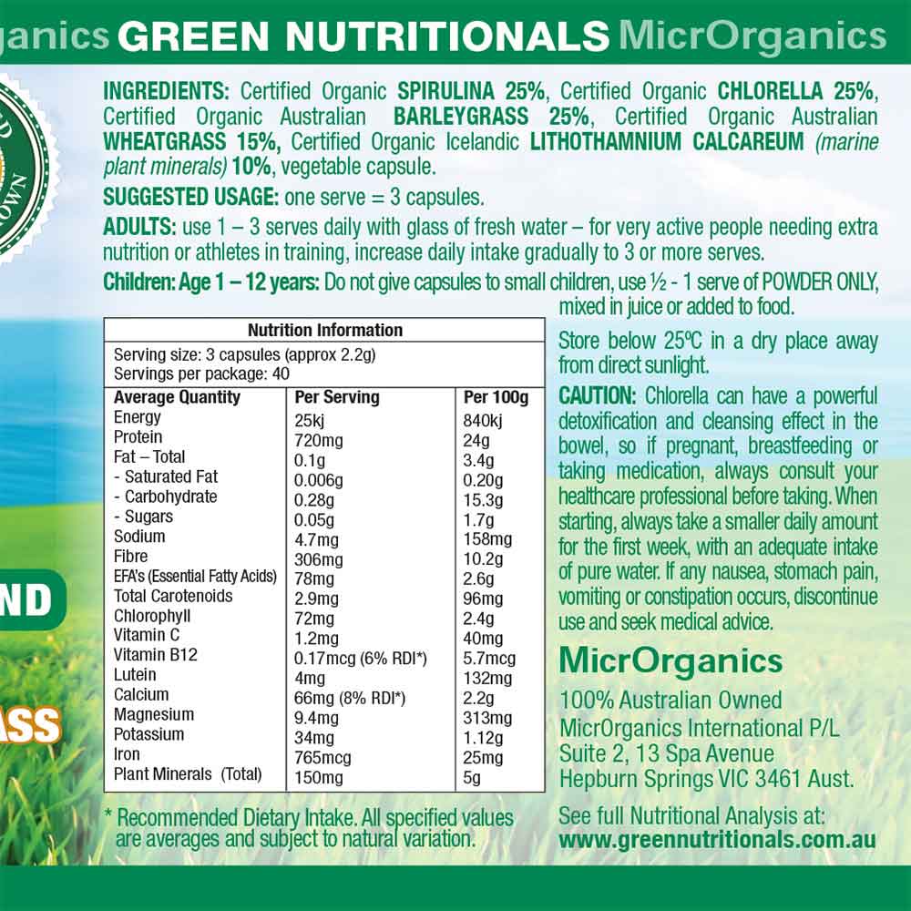 Green Nutritionals Vegan Superfood Capsules - 120 Count | Organic Plant-Based Greens Powder Supplement for Detox & Energy | Perfect for Smoothies, Juices & Daily Wellness