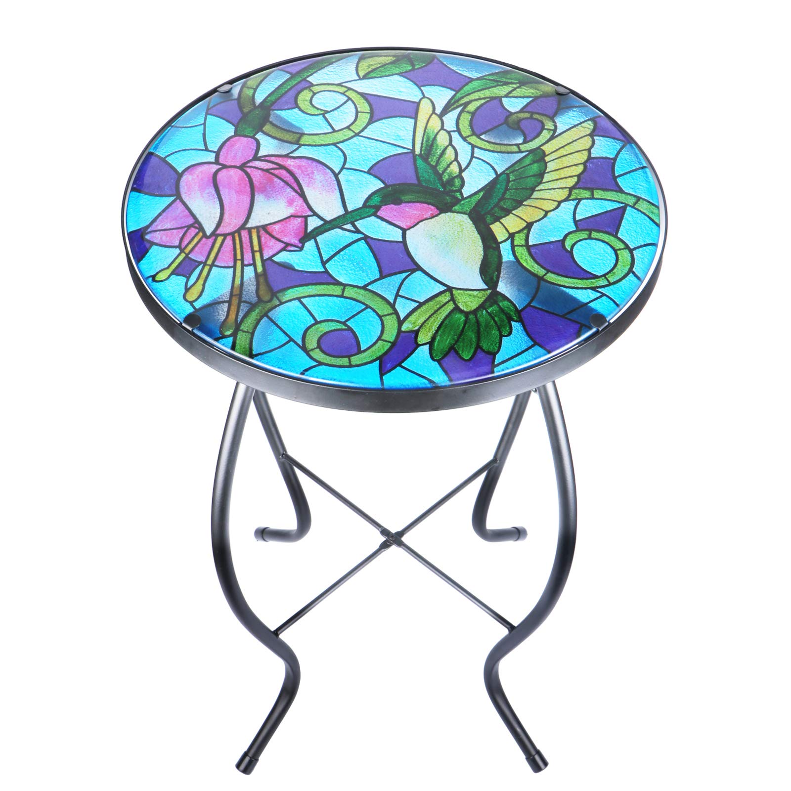 VCUTEKA Round Glass Mosaic Patio Side Table - Outdoor Accent Coffee Table with Hummingbird Design for Balcony, Porch & Indoor Use - Perfect as Plant Stand, Bistro Table or End Table
