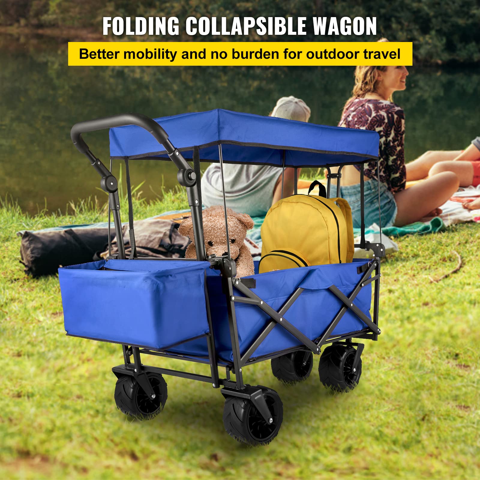 Happbuy Collapsible Wagon with Removable Canopy - Heavy Duty 220lbs Capacity Foldable Beach Wagon Cart with Large Wheels - Adjustable Push Pull Handles for Outdoor, Camping, Picnic, Grocery Shopping (Blue)