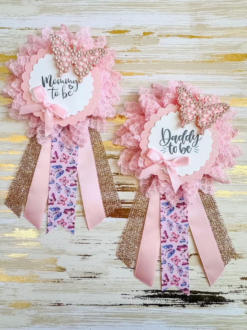 Pink Butterfly Baby Shower Pins for Mommy & Daddy to Be - Cute Baby Shower Guest Pins - Perfect for Gender Reveal Parties, Baby Showers & Maternity Celebrations
