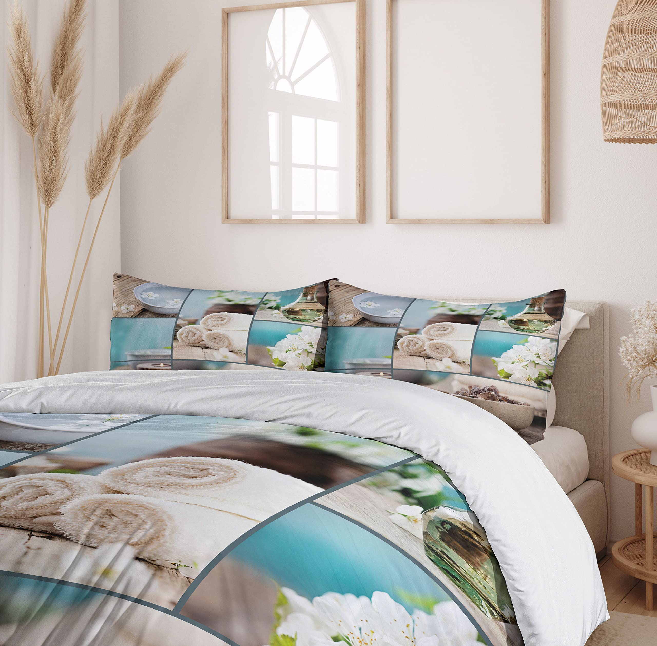 Ambesonne Spa Duvet Cover Set 3-Piece Queen Size - Far East Massage Theme with Oils, Candles & Flowers Print - Blue and White Decorative Bedding Set with 2 Pillow Shams | Perfect for Relaxing Spa Nights, Asian-Inspired Bedroom Decor & Gift Ideas