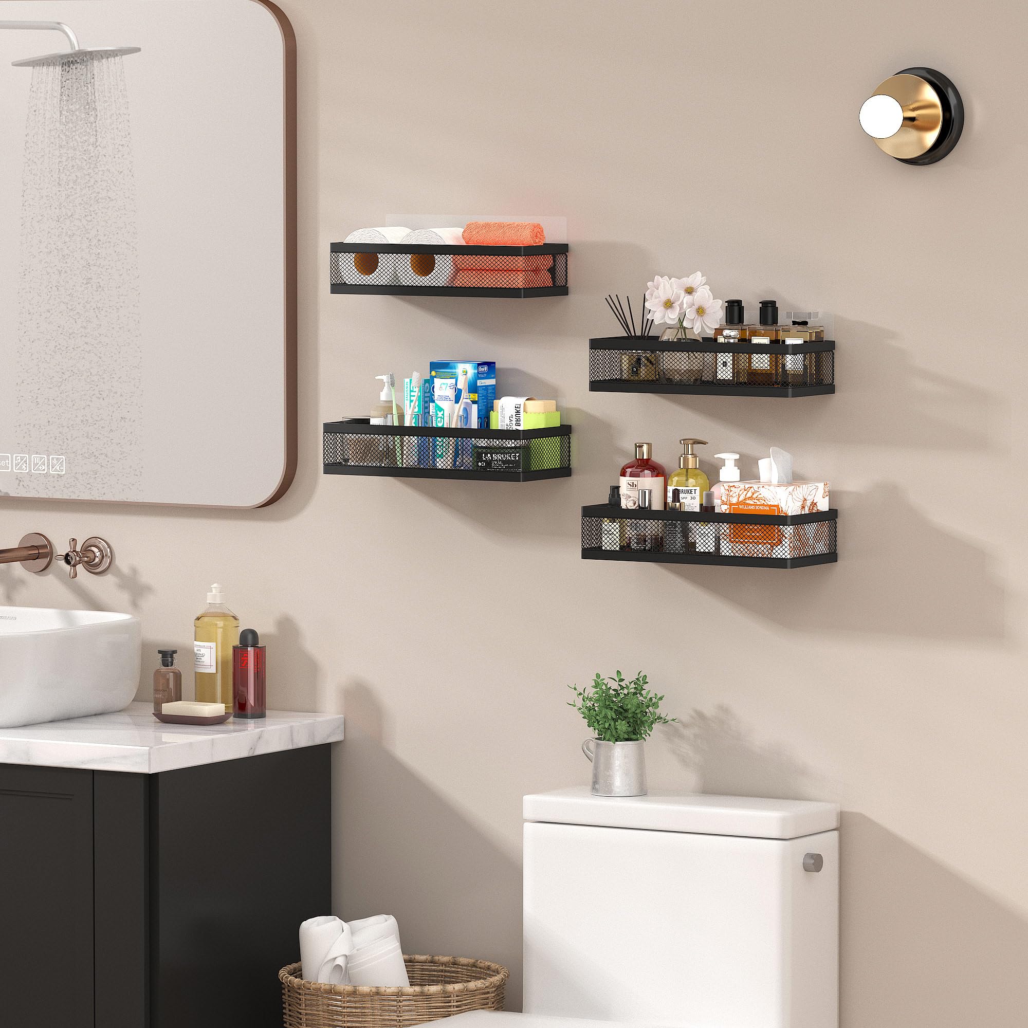 PUSDON Wall Mount Hanging Storage Baskets - 2 Pack Metal Wire Organizer Bin Rack for Kitchen, Bathroom, Shower & Spice Storage | Space Saving Home Decor Essentials in Black with Netting | Perfect for Small Spaces, Pantry Organization & Bathroom Accessories