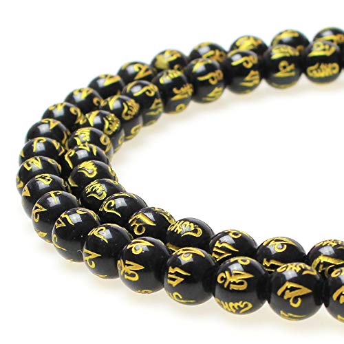 Black Agate Six Words Mantras Beads