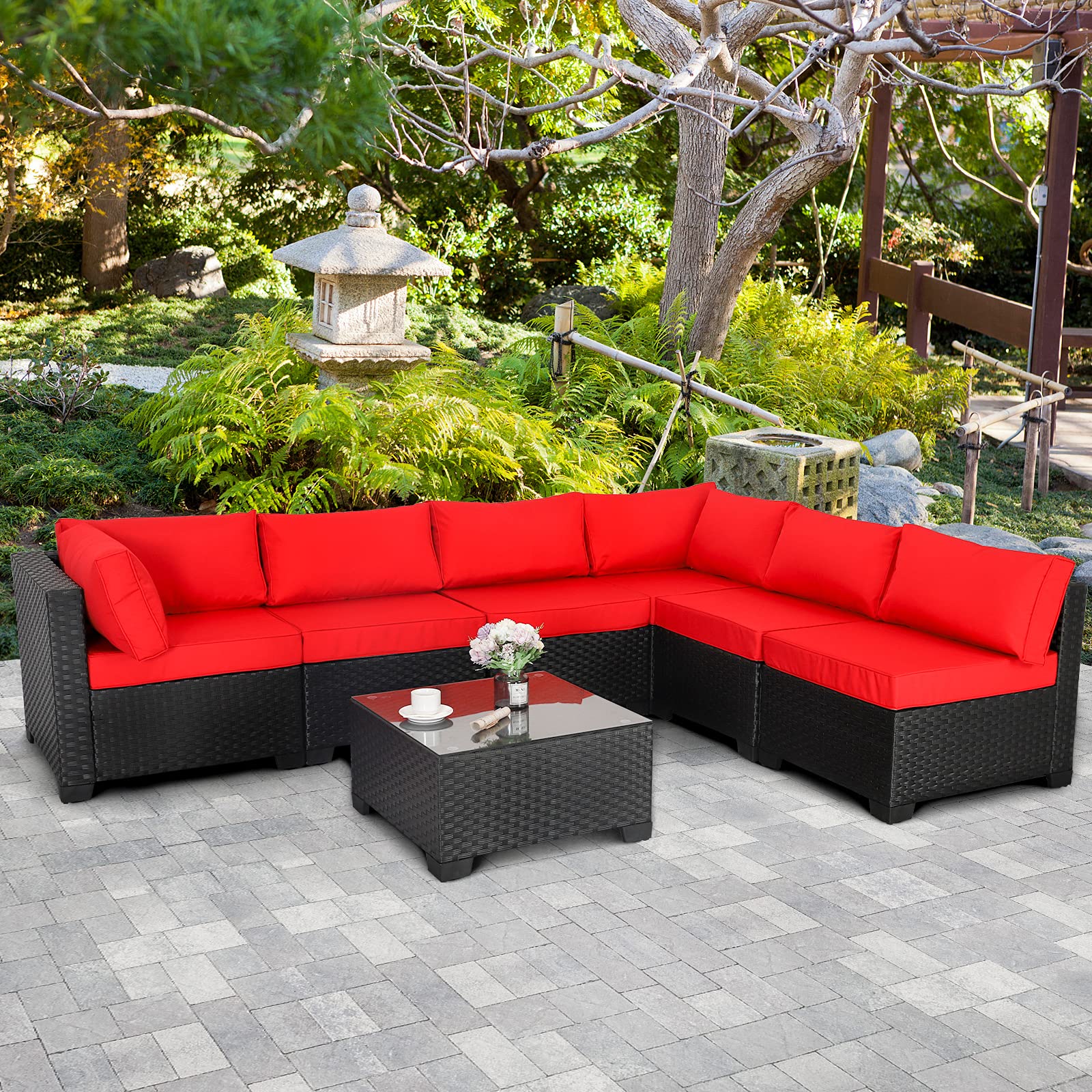 7-Piece Outdoor PE Wicker Patio Furniture Set - Black Rattan Sectional Sofa with Washable Red Cushions - Perfect for Garden, Poolside & Backyard Relaxation
