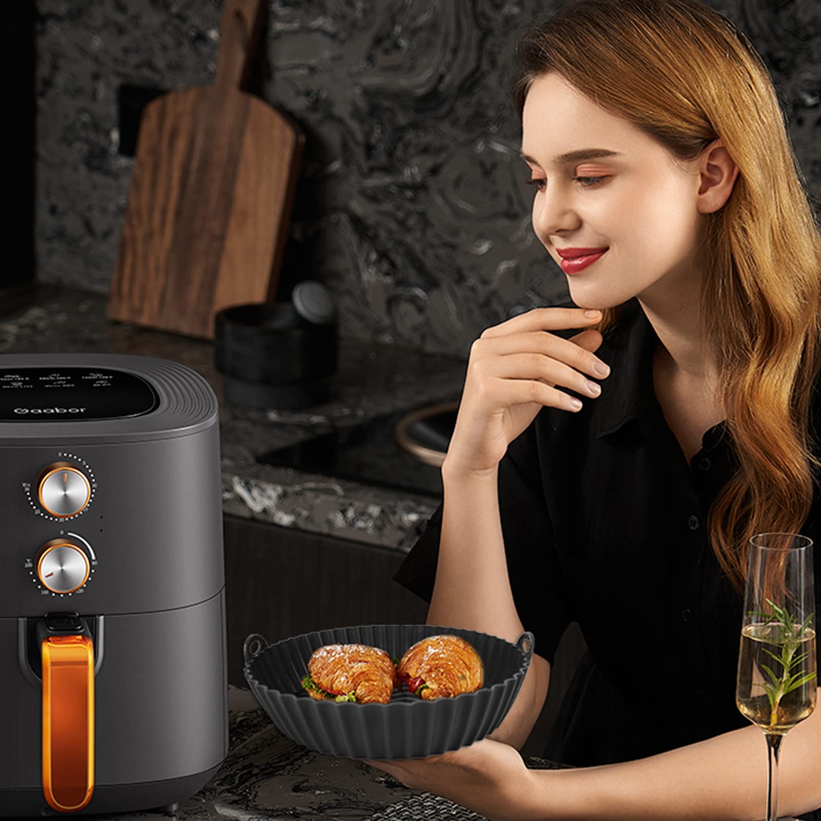**Non-Stick Air Fryer Silicone Liners 7.8 Inch (2-Pack) – Fits 3-6QT Air Fryers, Compatible with Ninja AF101/AF161/AF150, Gourmia, COSORI & More – Thickened, Weighted & Sturdy – 100% Food Safe – Black & Cyan – Perfect for Healthy Cooking, Baking & Frying**