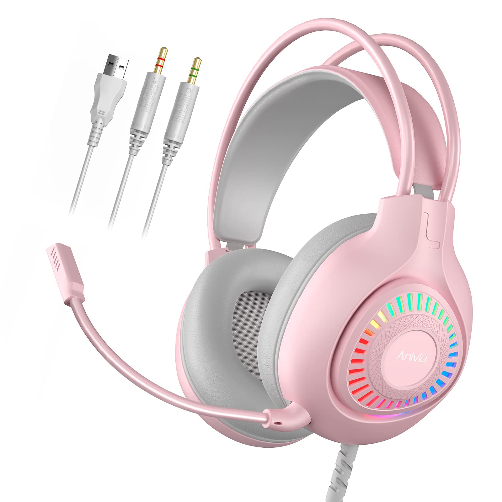 Anivia G1 Pink Gaming Headset - Wired Over-Ear Headphones with Noise Isolation Mic & LED Lights for PS5, PS4, Xbox One, PC, Nintendo Switch - Immersive Surround Sound for Gaming, Streaming & Online Chat