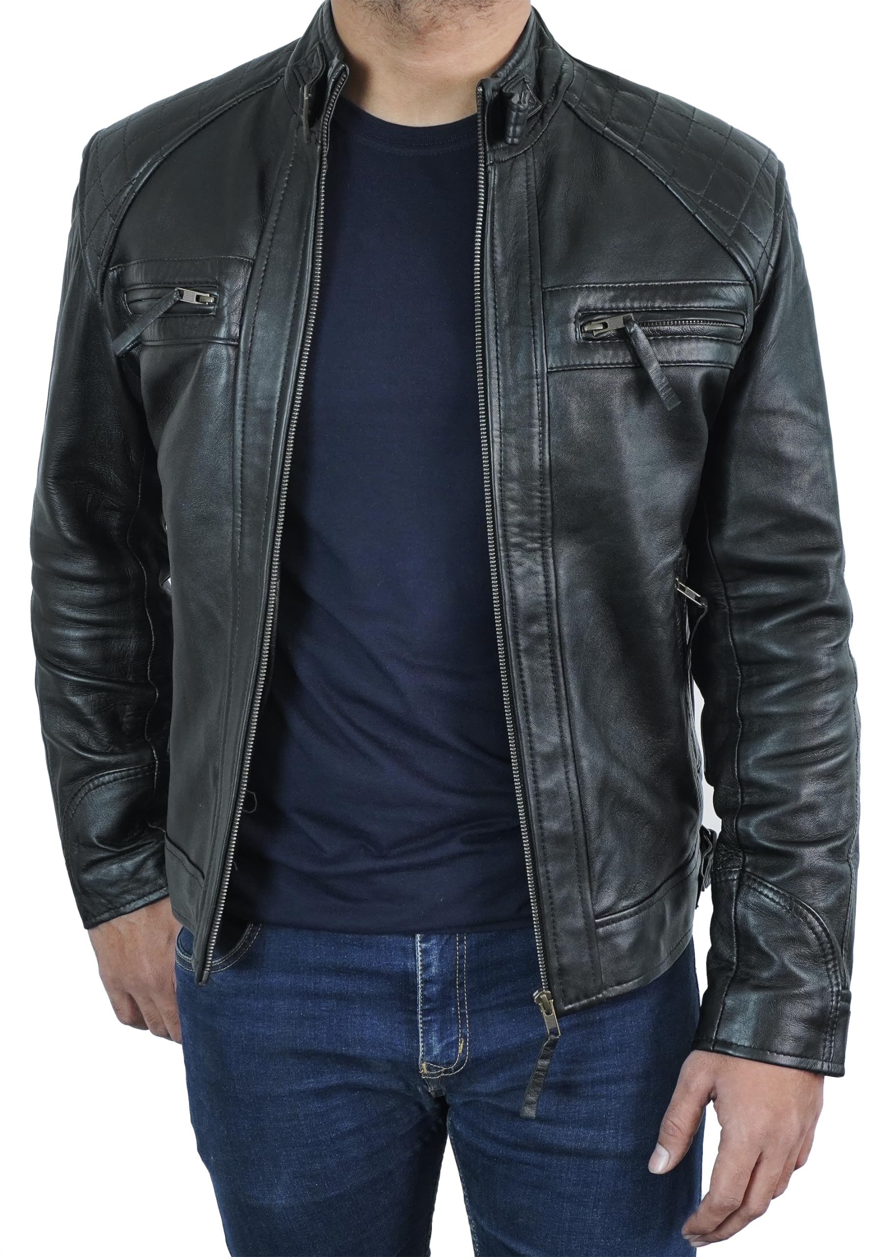 Quilted Biker Men's Leather Jacket - Genuine Lambskin Moto Style Cafe Racer Jacket for Men | Perfect for Motorcycle Riding, Casual Outfits & Streetwear Fashion