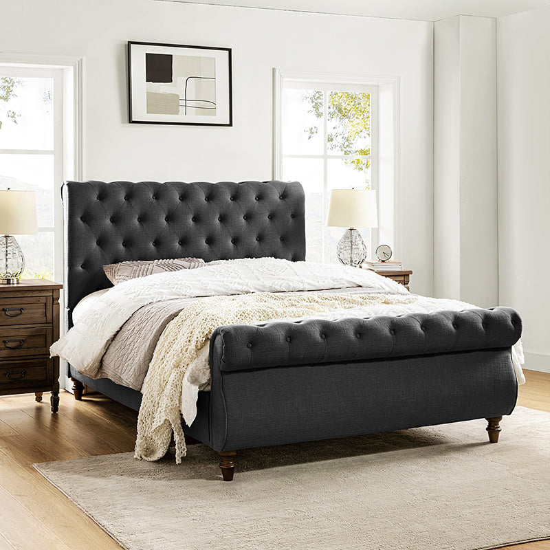 Deirdre Upholstered Sleigh Platform Bed - Queen Size with Solid Wood Frame & Luxe Fabric Headboard - Perfect for Modern Bedroom & Guest Room Decor