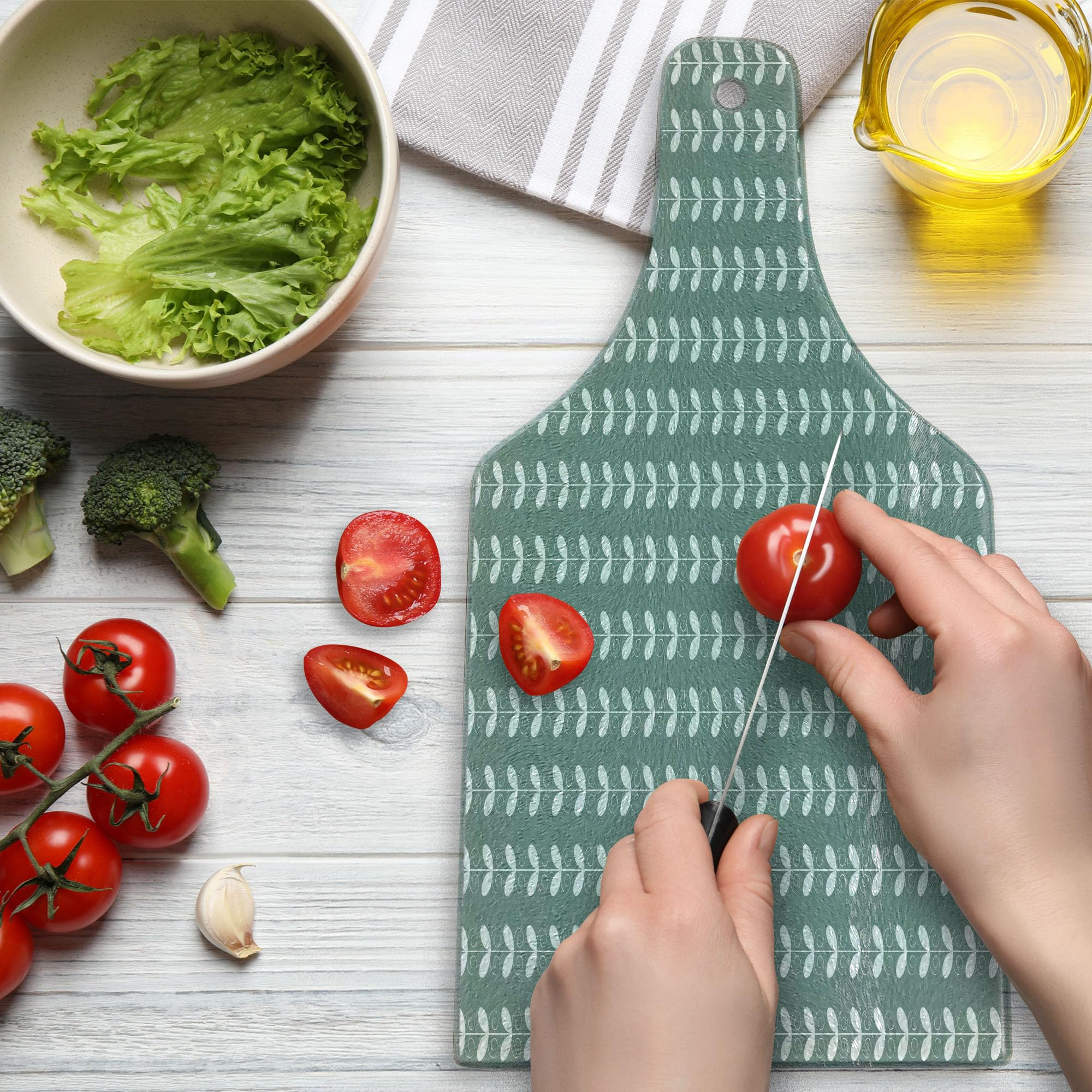 Ambesonne Nature-Inspired Tulip Branch Cutting Board - French Baroque Style Tempered Glass Serving Board - Wine Bottle Shape in Pale Sage Green & White - Perfect for Kitchen Prep, Charcuterie, and Wine Pairing