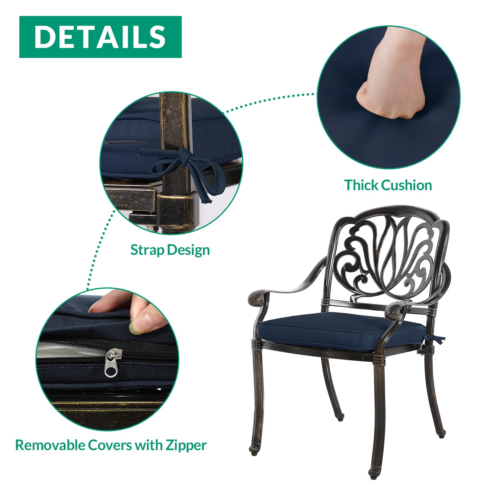 VIVIJASON 3-Piece Outdoor Dining Set - All-Weather Cast Aluminum Patio Bistro Set with 2 Chairs, 2 Navy Blue Cushions & 31