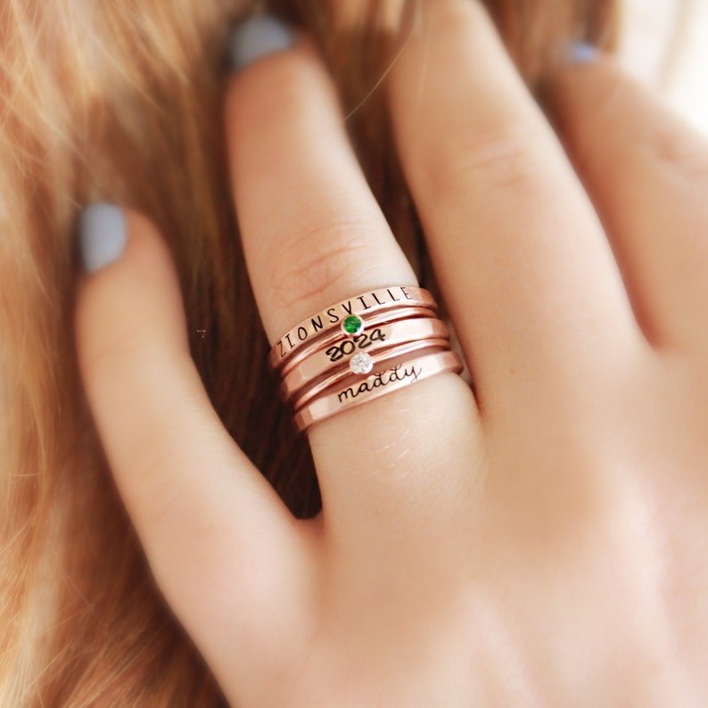 Personalized Birthstone Stacking Rings for Women - Custom Engraved Name & Date, Sterling Silver Stackable Rings Set - Perfect Gift for Anniversary, Birthday, Mother's Day & Valentine's Day