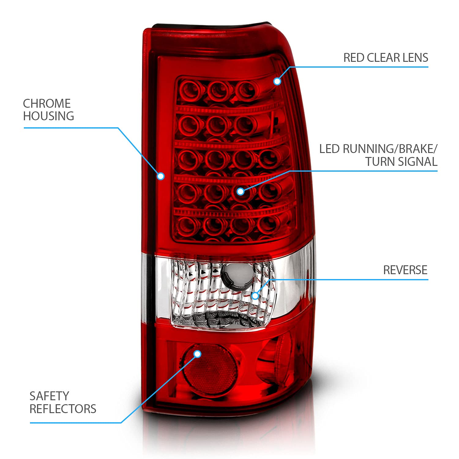 AmeriLite Red/Clear LED Brake Tail Lights Replacement Kit for 1999-2002 Chevy Silverado & 1999-2006 GMC Sierra - Pair (Left & Right Side) - Durable, Bright LED Lights for Enhanced Safety & Style - Perfect for Night Driving, Towing, and Off-Road Adventures
