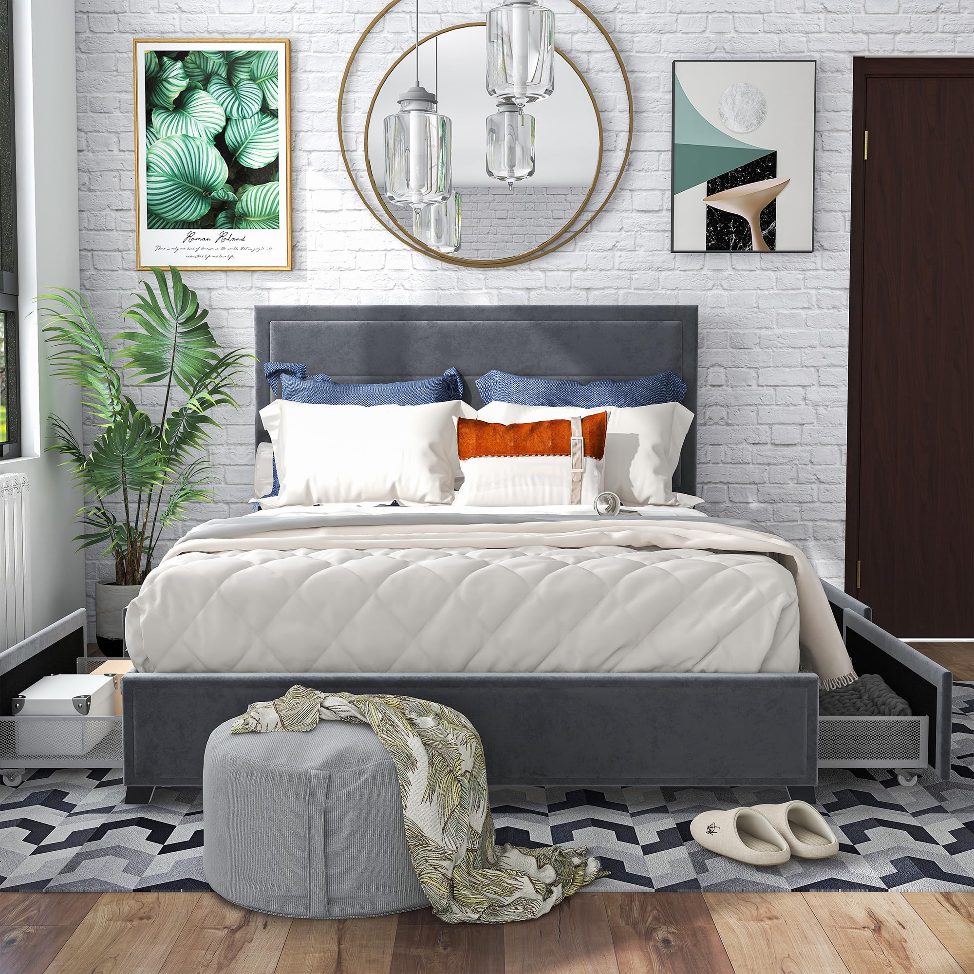 Furniture of America Tink Platform Fabric Full Bed with Storage Drawers in Gray - Modern Bedroom Furniture for Small Spaces & Guest Rooms