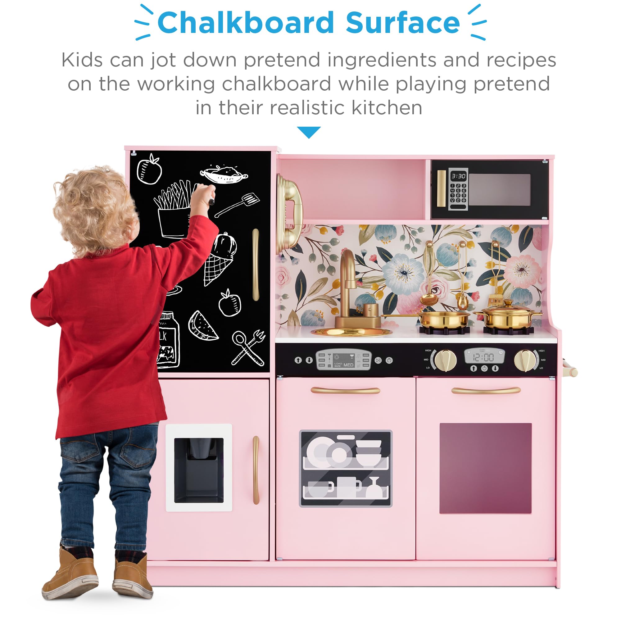 Best Choice Products Wooden Pretend Play Kitchen Toy Set for Kids - Realistic Design with Telephone, Utensils, Oven, Microwave & Sink - Pink Floral - Perfect for Imaginative Play, Role-Playing & Early Learning Development