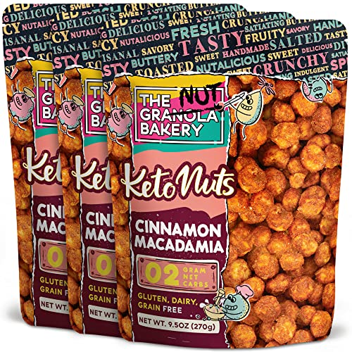 The Nut Bakery Cinnamon Macadamia Keto Snacks | Low Carb, Sugar Free, High Protein Nuts | 2g Net Carb, Gluten Free | 9.5oz (Pack of 3) | Perfect for Keto Diet, Weight Loss & Healthy On-the-Go Snacking