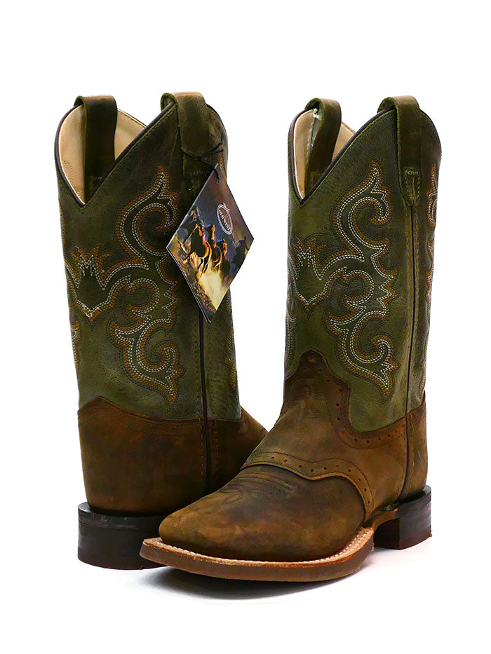 Old West BSC1915 BSY1915 Kids Square Toe Western Boots - Olive Green Cowboy Boots for Boys & Girls - Perfect for Rodeo, Country Dance & Western Fashion
