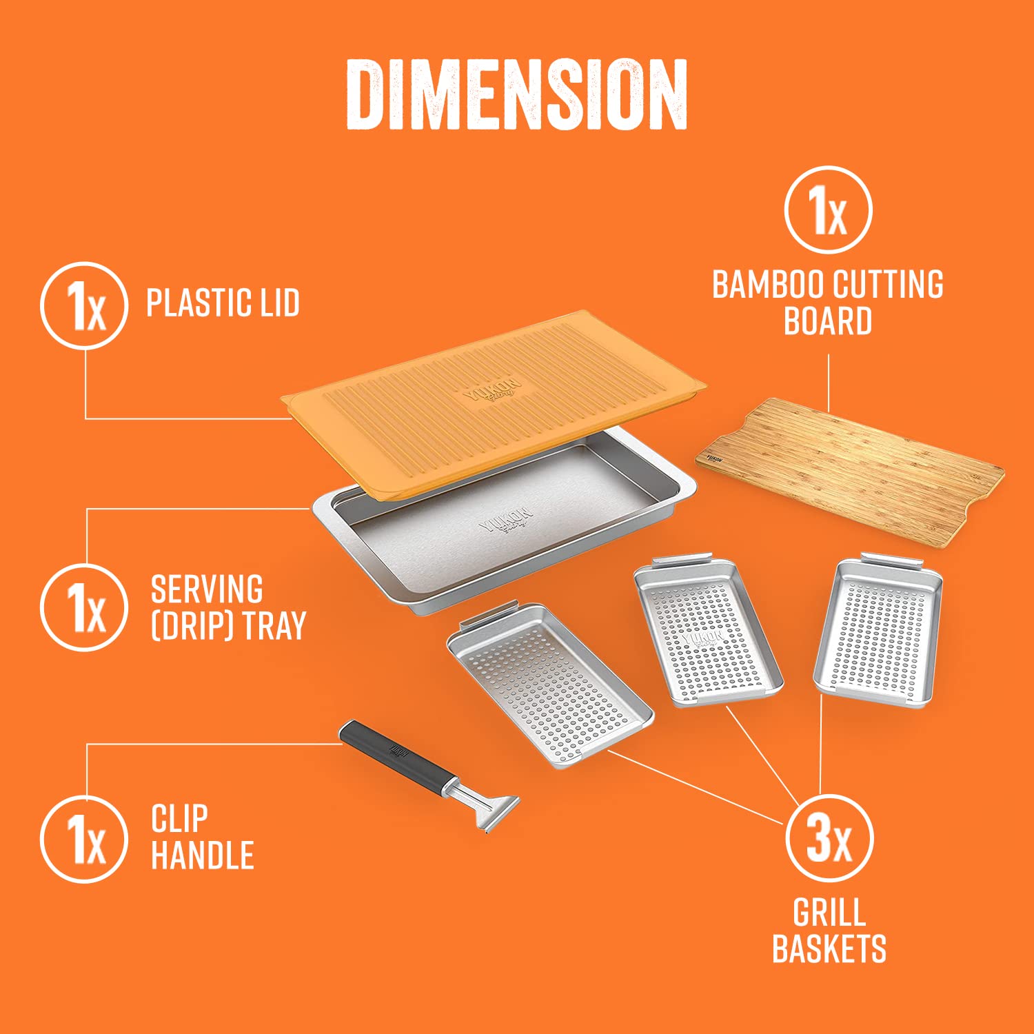 Yukon Glory™ Premium BBQ Grill Set - 3 Grill Baskets, Serving Tray, Bamboo Cutting Board with Plastic Lid & Clip-on Handle - Perfect for Outdoor Cooking, Camping, Backyard Parties & Picnics