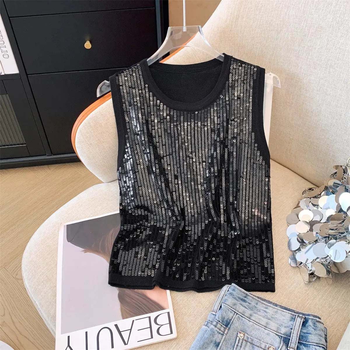 Elegant Black & Beige Sequin Knitted Sleeveless Top for Women - 2024 Summer Retro Y2K Fashion Vest | Perfect for Vacation, Parties & Night Out