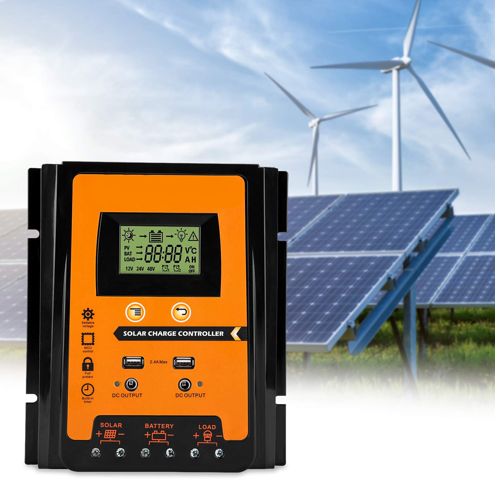 MPPT Solar Charge Controller 12V/24V 30A/50A/70A with LCD Display & Dual USB Ports - Solar Panel Battery Regulator for RV, Boat, Off-Grid Power Systems