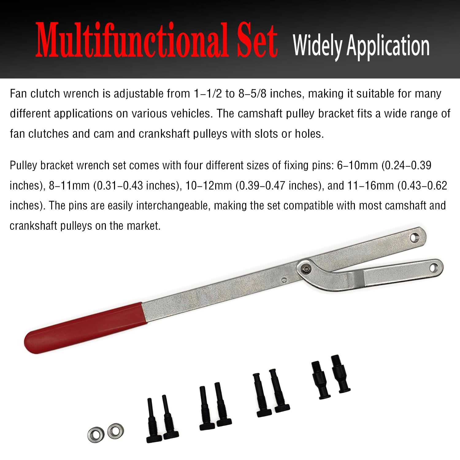 11-Piece Universal Camshaft Pulley Wrench Set - Fan Clutch Removal Tool Kit with Interchangeable Pins, Adjustable Jaw Spreader & Alignment Repair Tools for Automotive Engine Maintenance & DIY Car Repairs