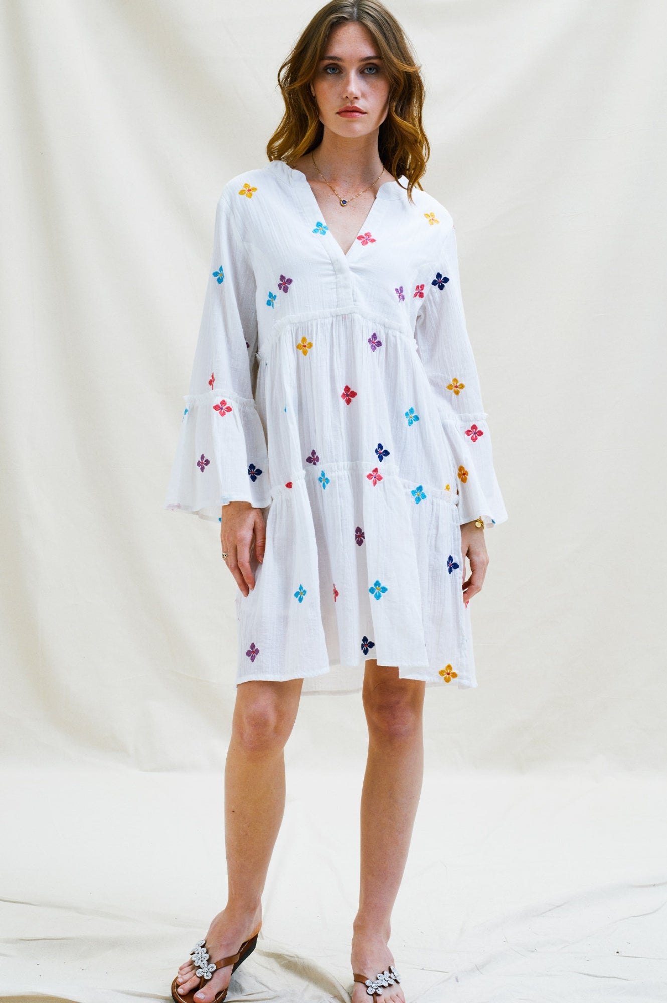 Elegant Cristina Embroidered Kaftan Dress for Women - White & Multicolor Floral Design | Perfect for Beach Cover-Up, Summer Vacation, and Boho Chic Outfits