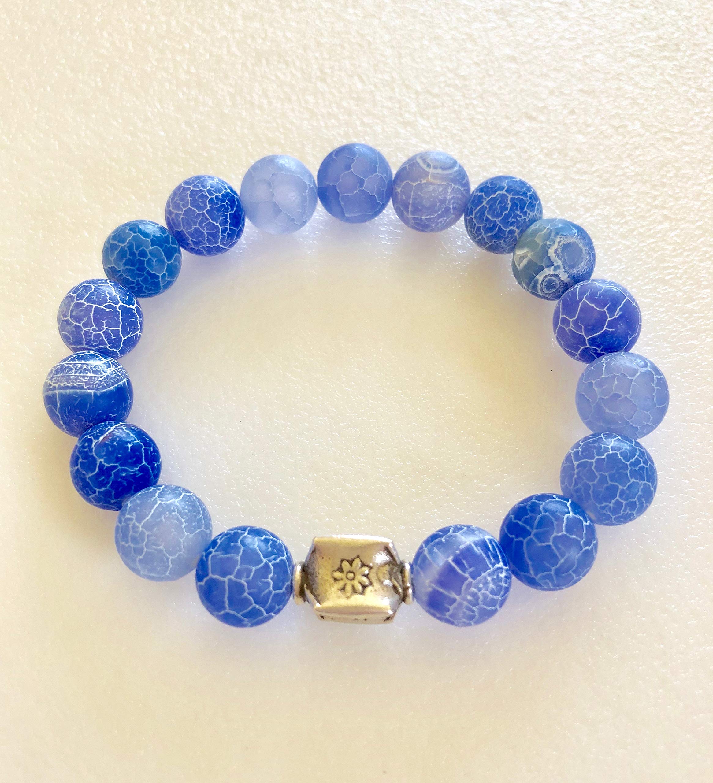 Blue Crackle Agate Stretch Bracelet with Sapphire Gemstones & Karen Hill Tribe Silver - Boho Flower Beaded Healing Crystal Jewelry for Meditation, Yoga & Spiritual Wellness
