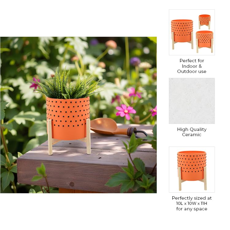 Sagebrook Home Ceramic Planter with Stand – Modern Stoneware Flower Pot for Indoor Plants, Succulents & Home Garden Décor | 10x10x11 Inch, Orange | Perfect for Living Room, Office Desk & Patio Decorating
