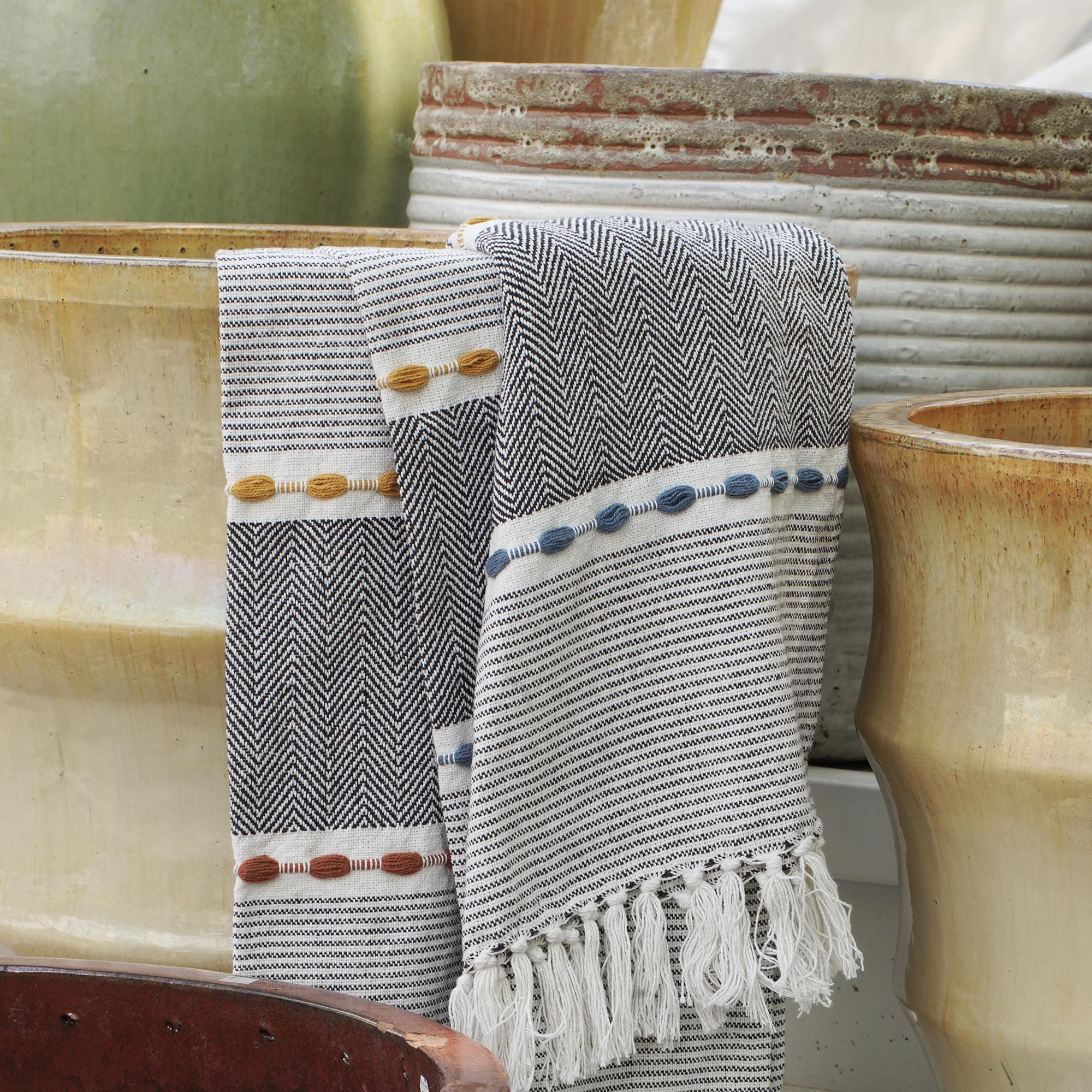 Herringbone Stripe Yarn-Dyed Cotton Woven Tassel Throw Blanket - Soft & Cozy Decorative Couch Cover for Living Room, Bed, Sofa