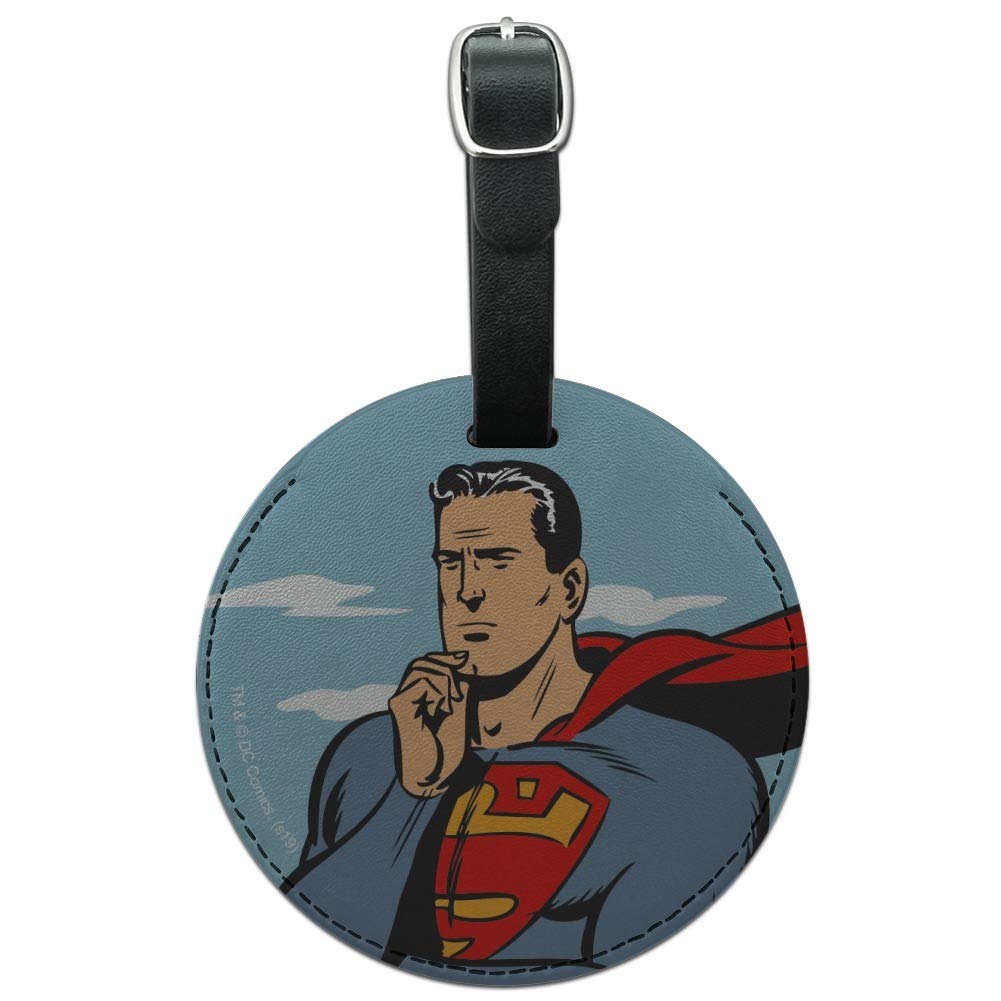 Superman Thinking Round Leather Luggage Tag - Durable Carry-On ID Card Holder for Suitcases - Perfect for Travel, Business Trips & Vacation Identification