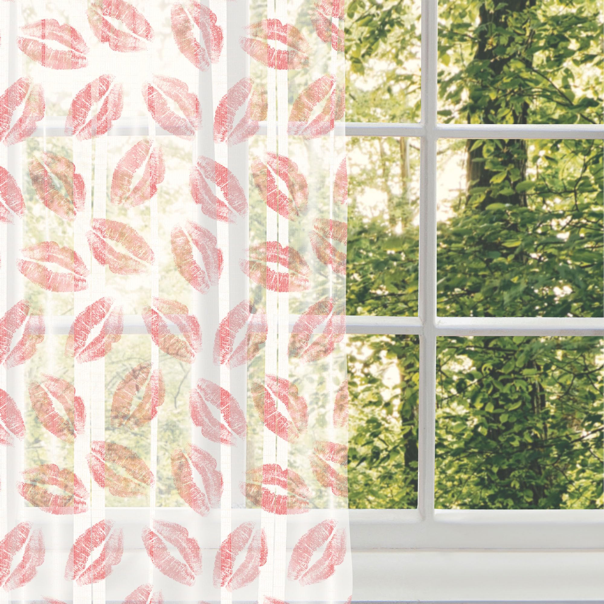 Ambesonne Romantic Lipstick Kiss Print Sheer Tulle Curtains - Dark Pink & White, 108