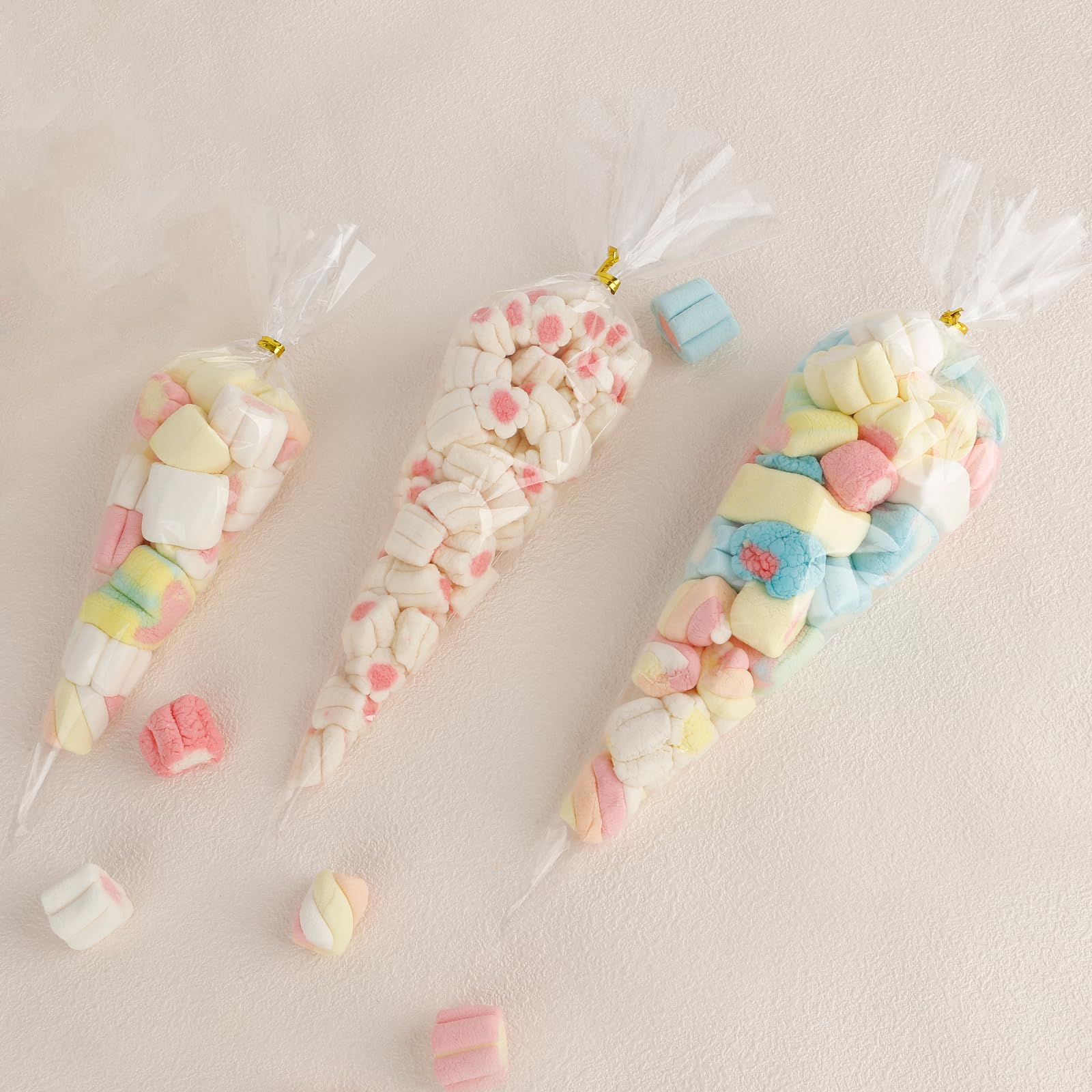 100 Pack Clear Cone Shaped Treat Bags with Twist Ties - 10x5 Inches Triangle Cellophane Bags for Popcorn, Candy, Cookies - Perfect for Birthday Parties, Baby Showers & Holiday Gift Packaging