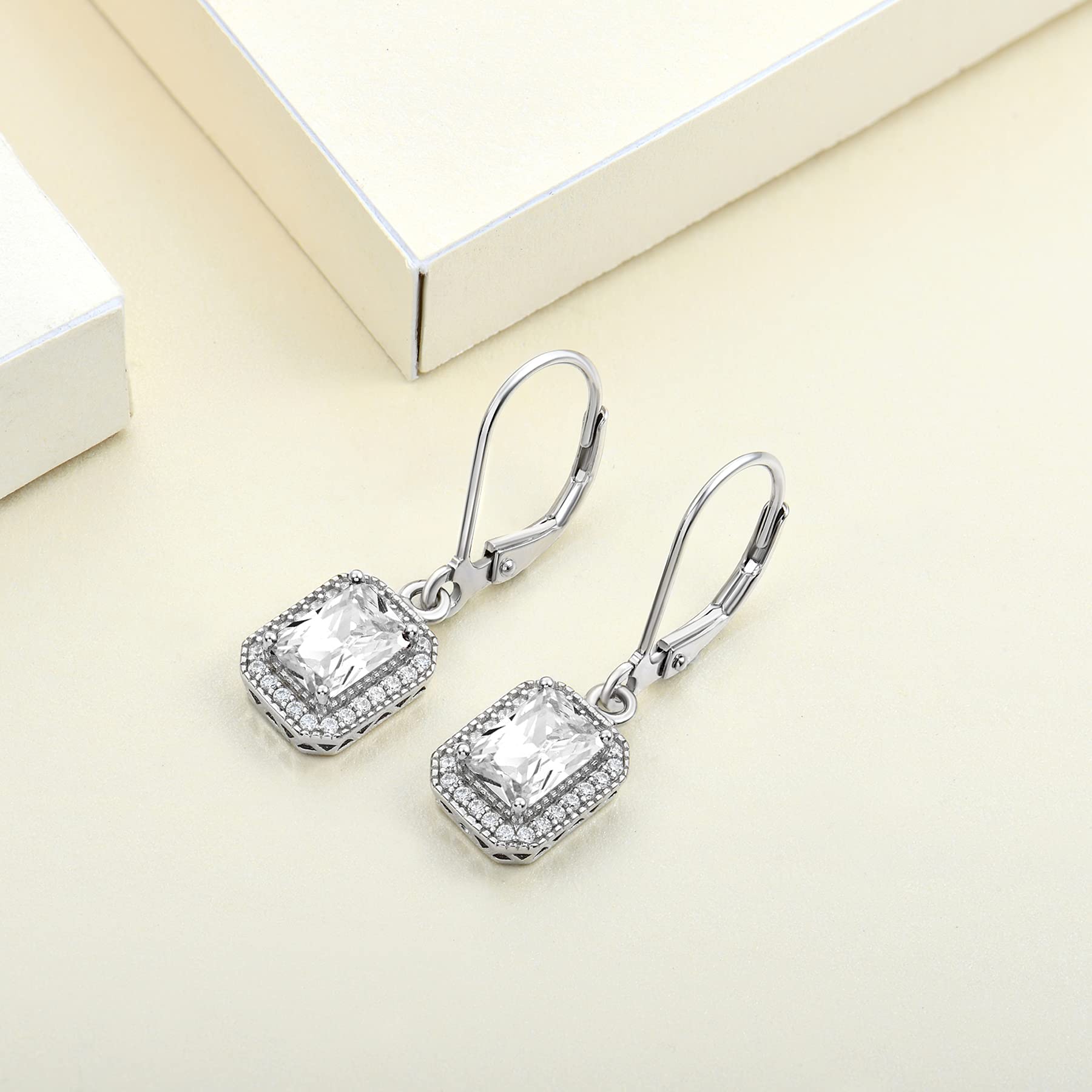 925 Sterling Silver Halo Square Dangle Drop Earrings with Radiant Cut Birthstone - Leverback Earrings for Women - Perfect for Weddings, Parties & Special Occasions