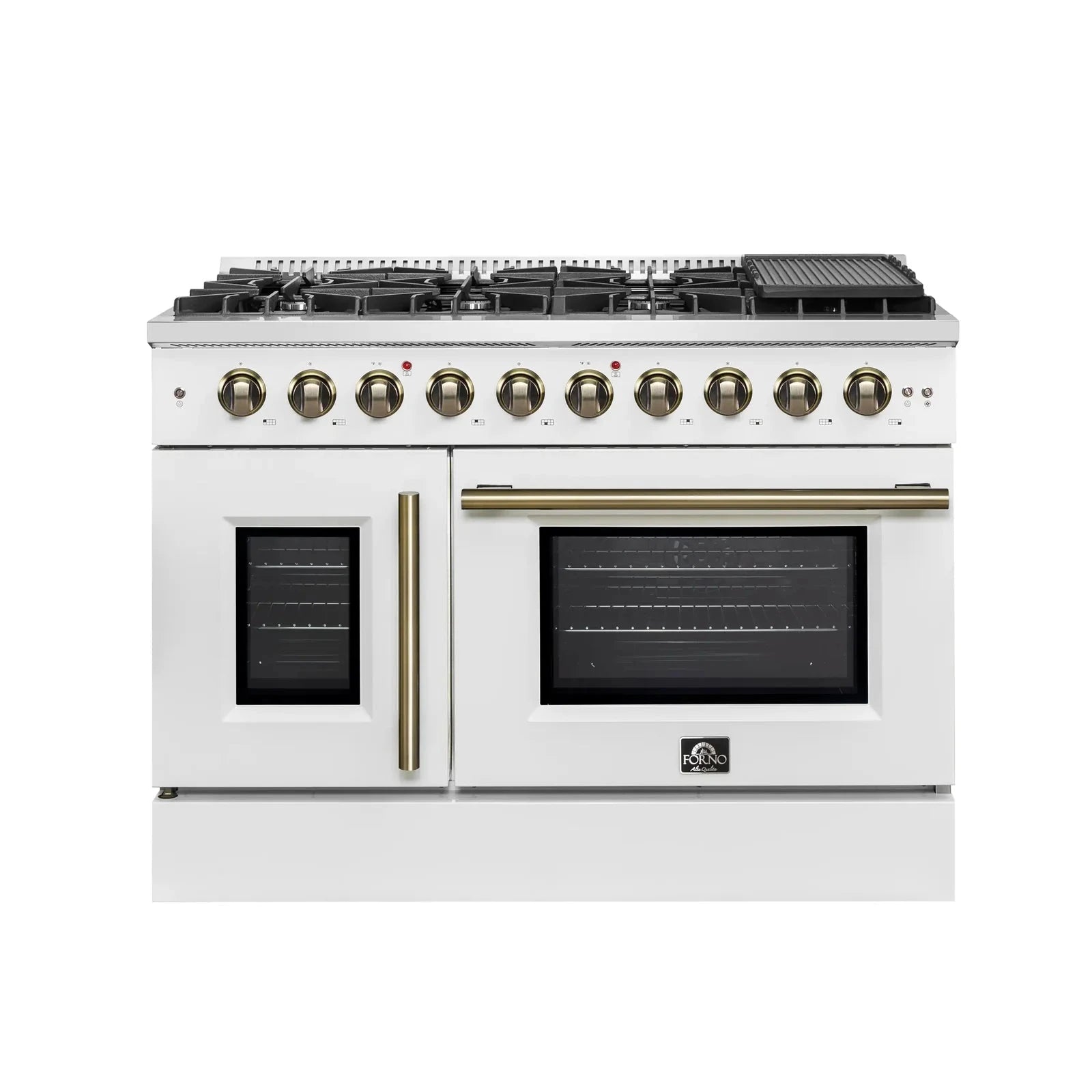 Forno Galiano 48-Inch Freestanding All Gas Range with French Doors - White with Antique Brass Trim (Model FFSGS6444 48WHT) - Perfect for Modern Kitchens & Professional Chefs