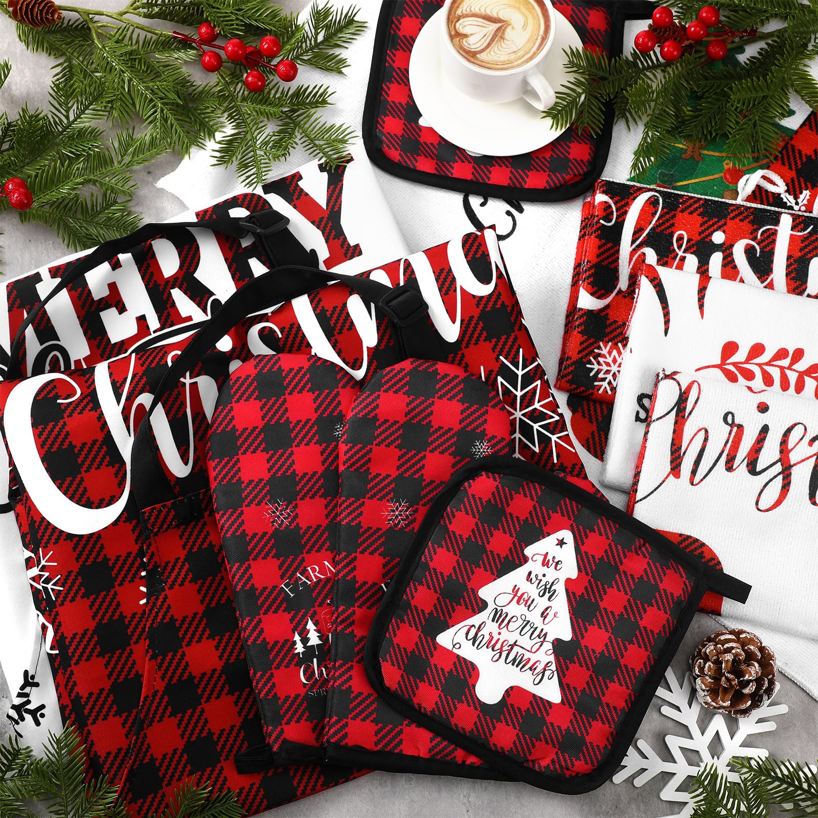 Geetery 10-Piece Christmas Kitchen Towel Set with Oven Mitt, Pot Holder & Apron - Festive Cotton Tree Design for Holiday Cooking & Baking (Red & Black Plaid) - Perfect for Christmas Dinner Prep, Baking Gifts & Festive Home Decor