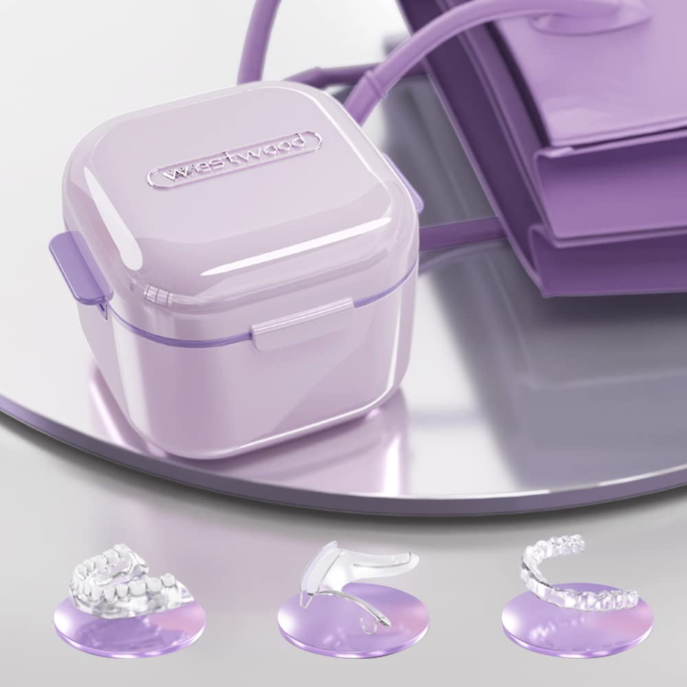 **Portable Denture Case with Strainer Basket - Denture Cup Bath for Braces, False Teeth Storage & Cleaning - Includes Chewable Tablets & Extractor (Purple) - Perfect for Travel & Daily Denture Care**