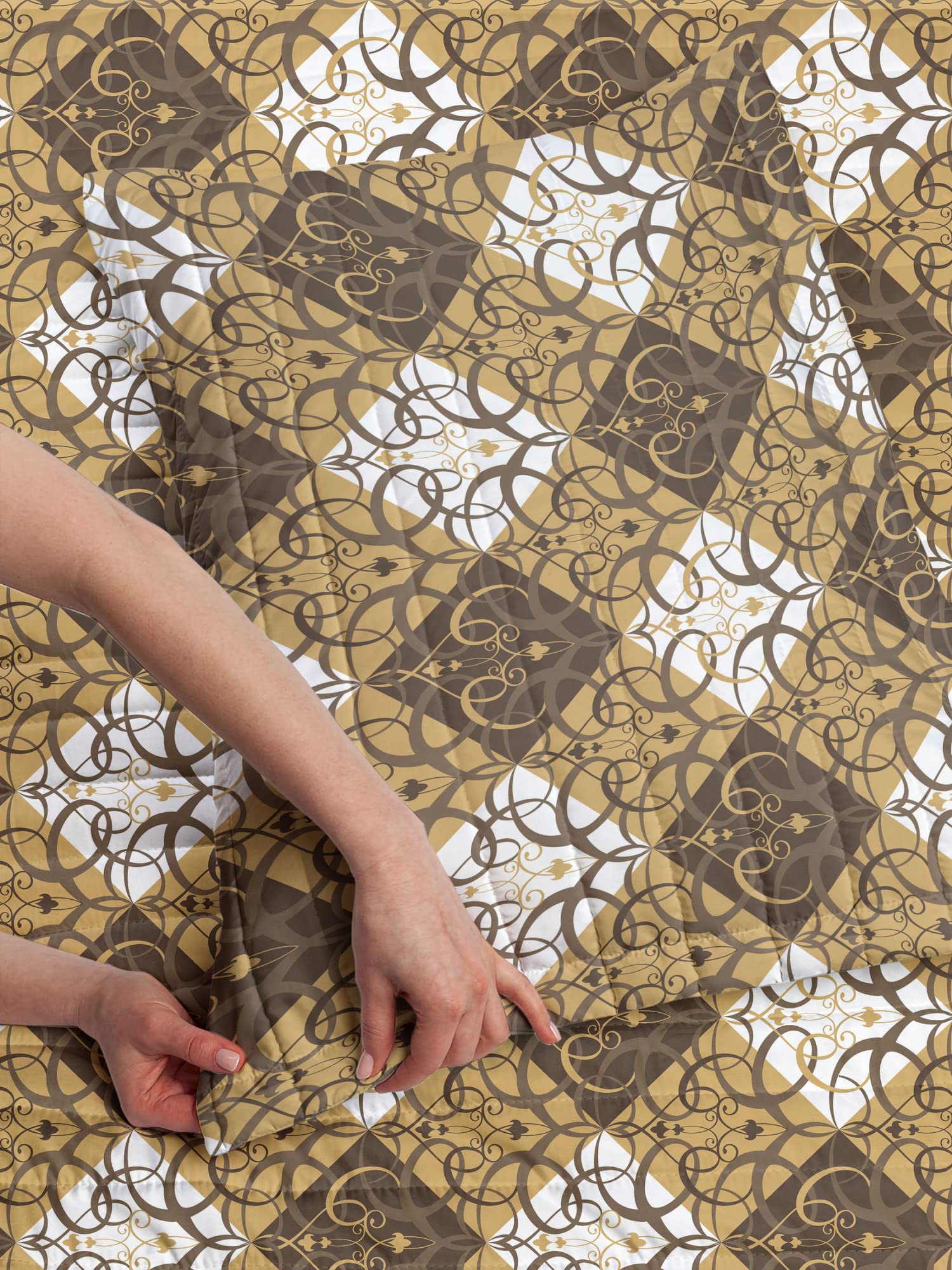 Ambesonne Oriental King Size Microfiber Bedspread Set - Traditional Damask Inspired Abstract Swirl Design, Soft Bedding with Pillow Shams & Comforter in Sand Brown White & Umber - Perfect for Master Bedroom, Guest Room & Luxury Hotel Decor