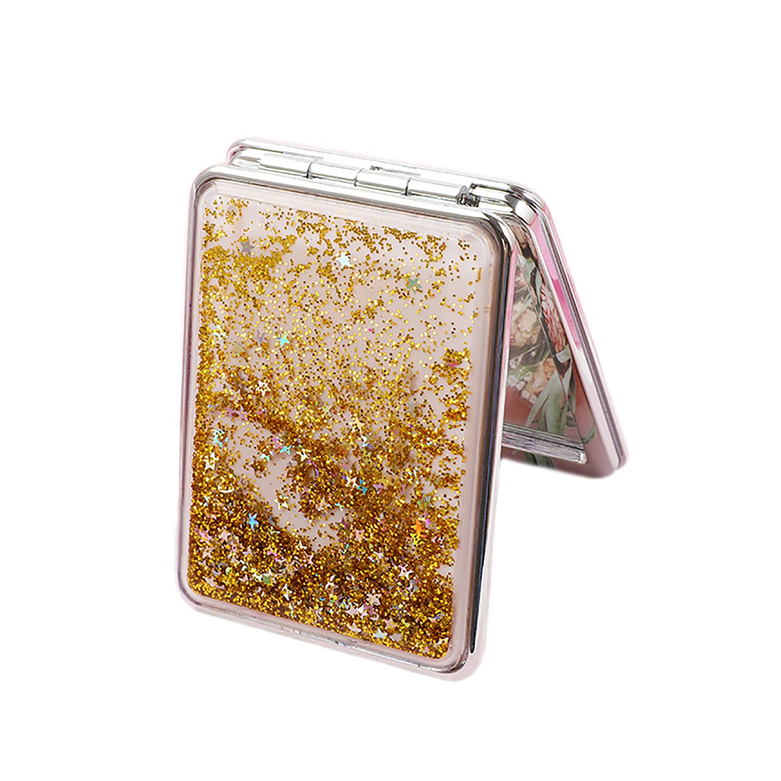 HSYHERE Creative Quicksand Makeup Mirror - Double-Sided Portable Compact Mirror with Glitter, Foldable Fashion Hand Mirror for Travel & Pocket (Square-Gold) | Perfect for Home, Travel, and On-the-Go Touch Ups