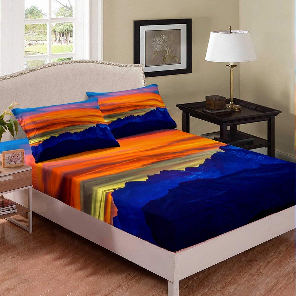 Sunset Blue Mountain 3D Printed Bed Sheets Set - 2 Piece Deep Pocket Fitted Sheet & Pillowcase for Twin XL - Natural Wonders Design with Red Sky Pattern - Perfect for Teens & Young Adults Bedrooms, Dorm Rooms, and Cozy Home Decor