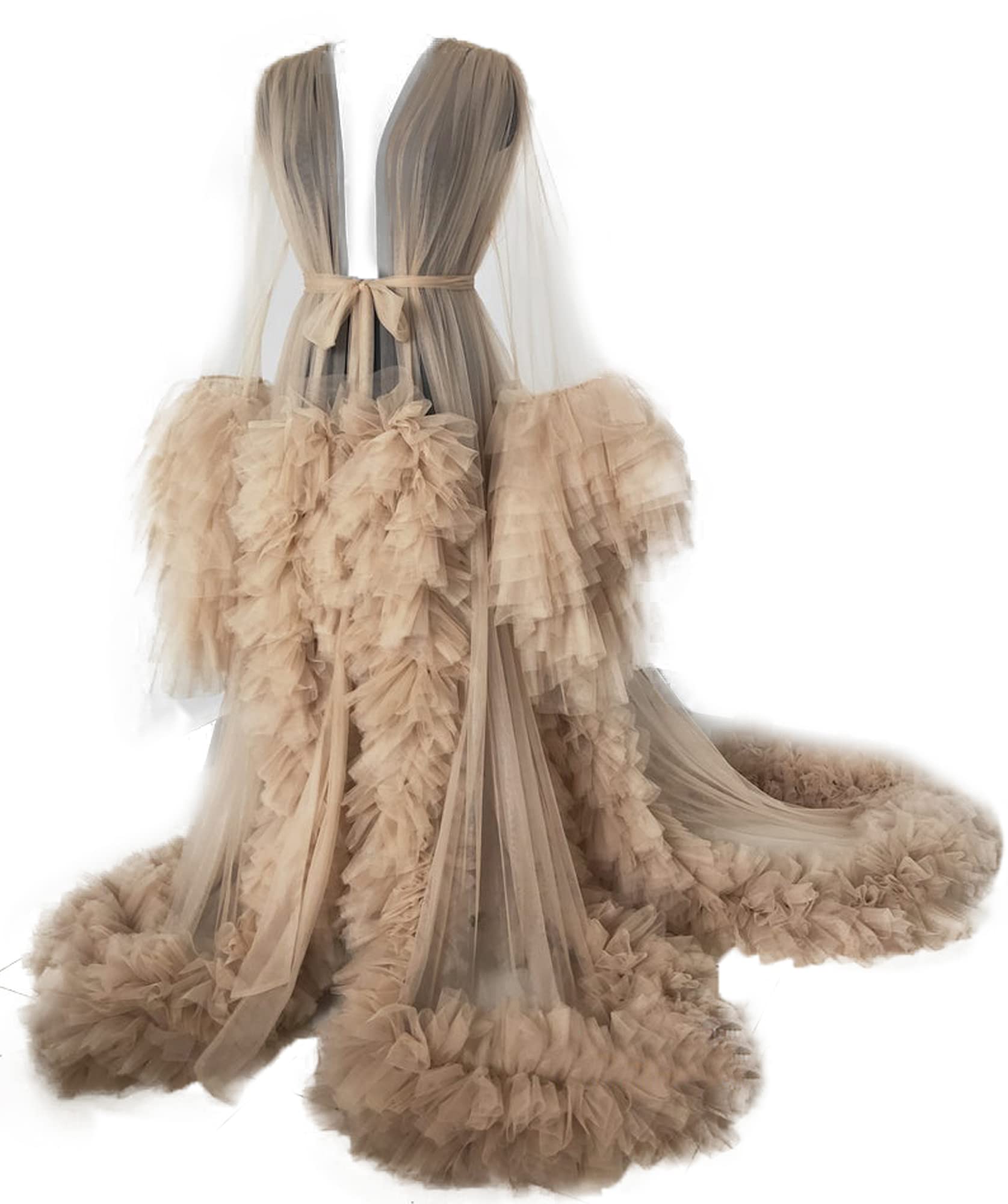 Sheer Tulle Bathrobe - Long Puffy Dressing Gown for Women, Maternity Photoshoot, Bridal Shower, Boudoir & Pregnancy Photography (White) - Elegant Loungewear for Special Occasions & Relaxation