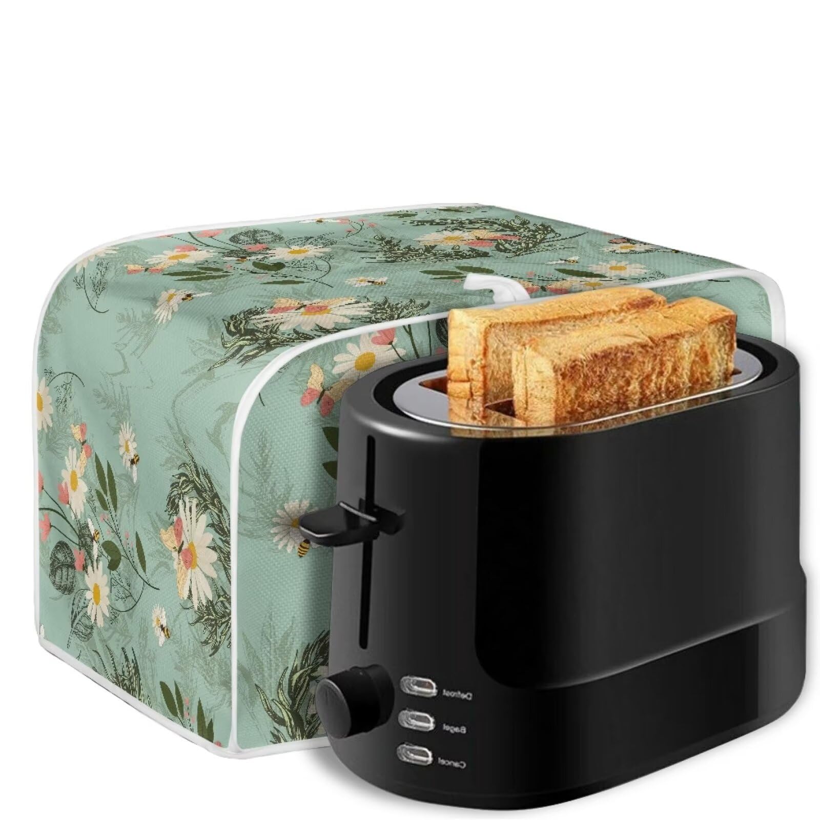 4-Slice Toaster Cover with Handle - Stain Resistant Dustproof Microwave & Toaster Oven Protector - Daisy Bee Leaf Blue Design - Perfect for Kitchen Countertop Protection & Small Appliance Storage